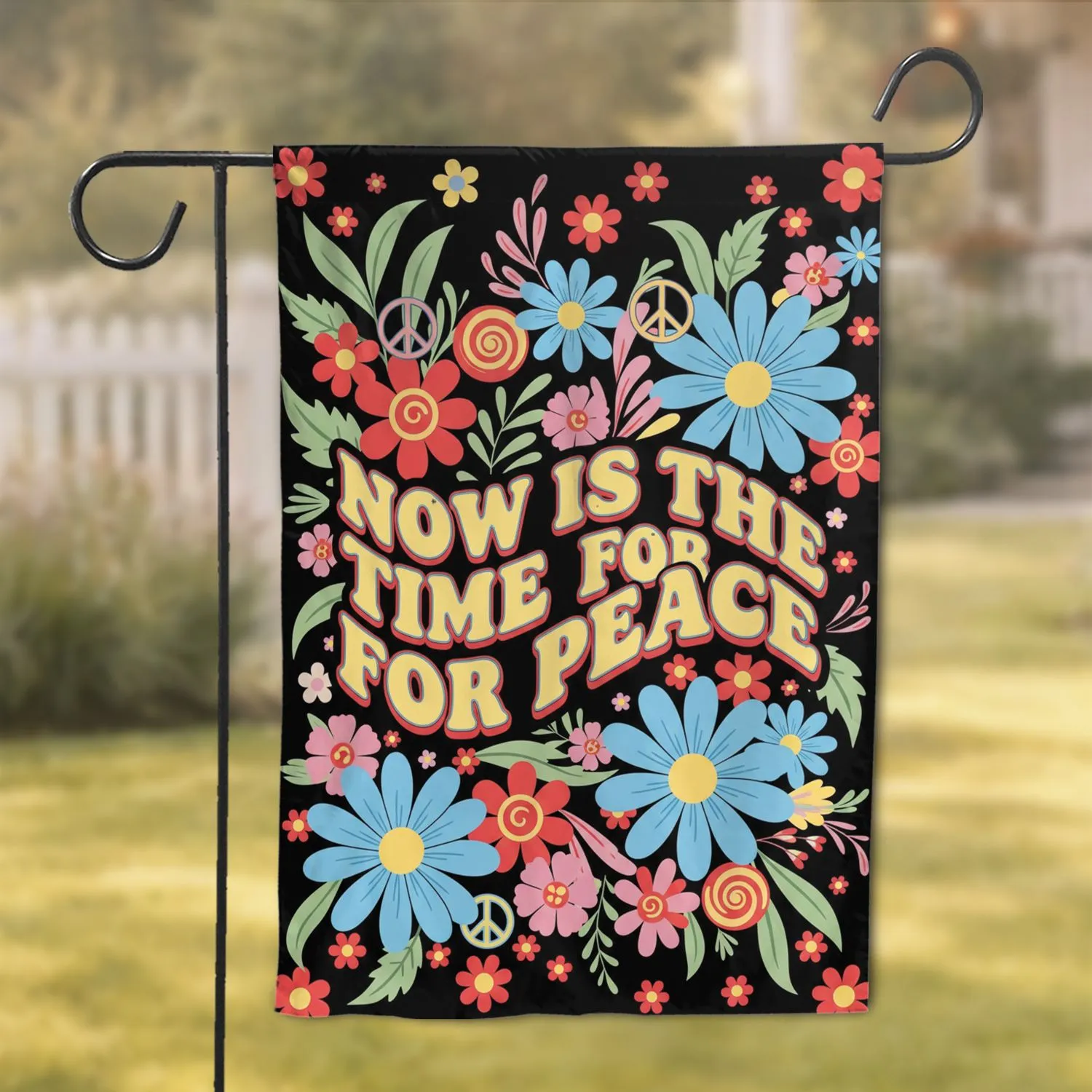 Now Is The Time For Peace Slogan Floral - Retro 60s 70s Home Decor Gift Garden Flag - 1