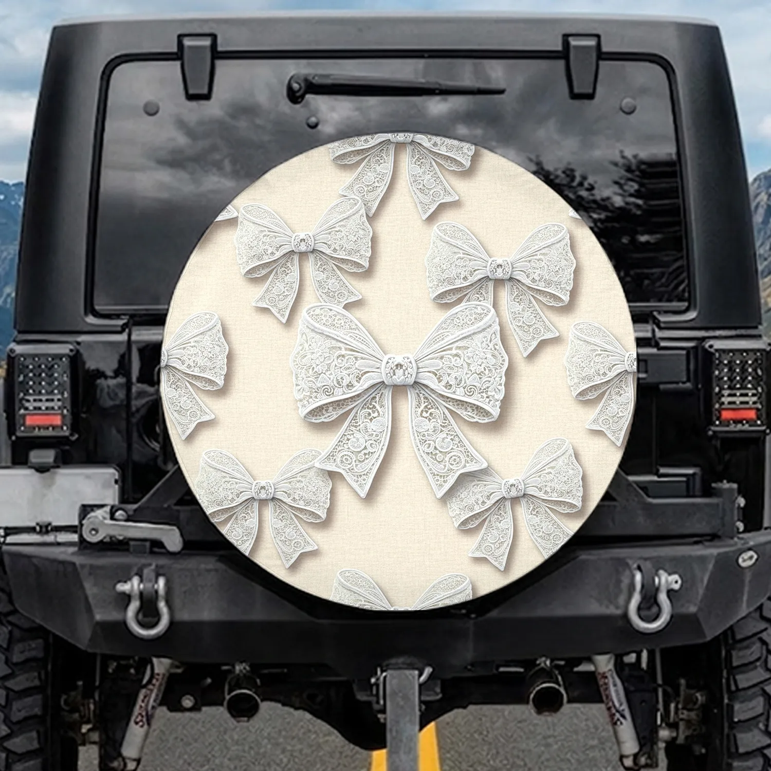 Lace Bows Floral Scrollwork Fabric - Timeless Home Accent Gift Everyday Use Spare Tire Cover - 1