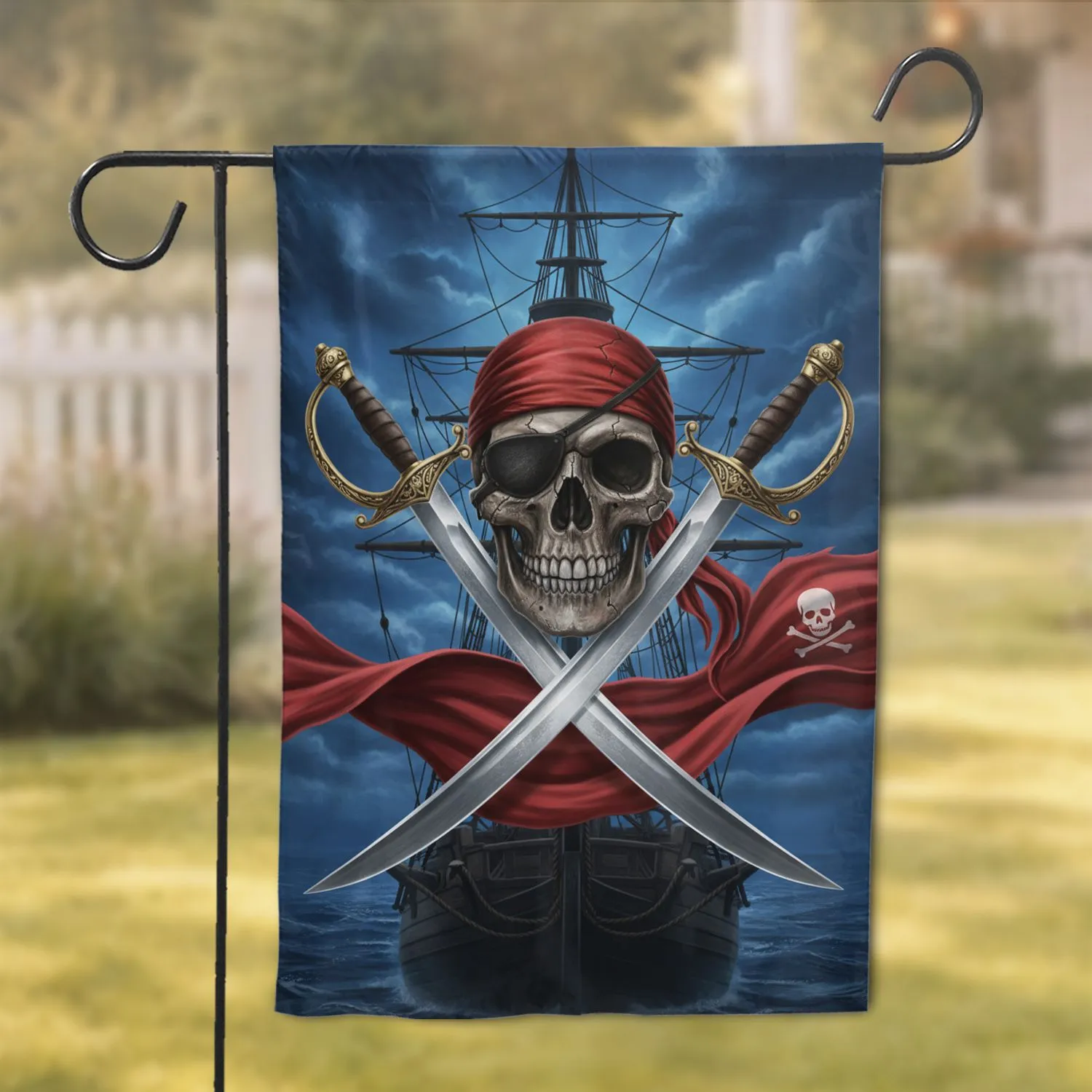 Menacing Pirate Skull Cross Cutlasses Ship - Adventure Lover Home Decor Gift Garden Flag - 1