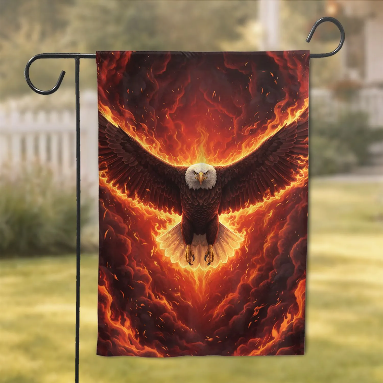 Majestic Bald Eagle Full Flight Fiery Inferno - Wildlife Lover Gift Garden Flag - 1