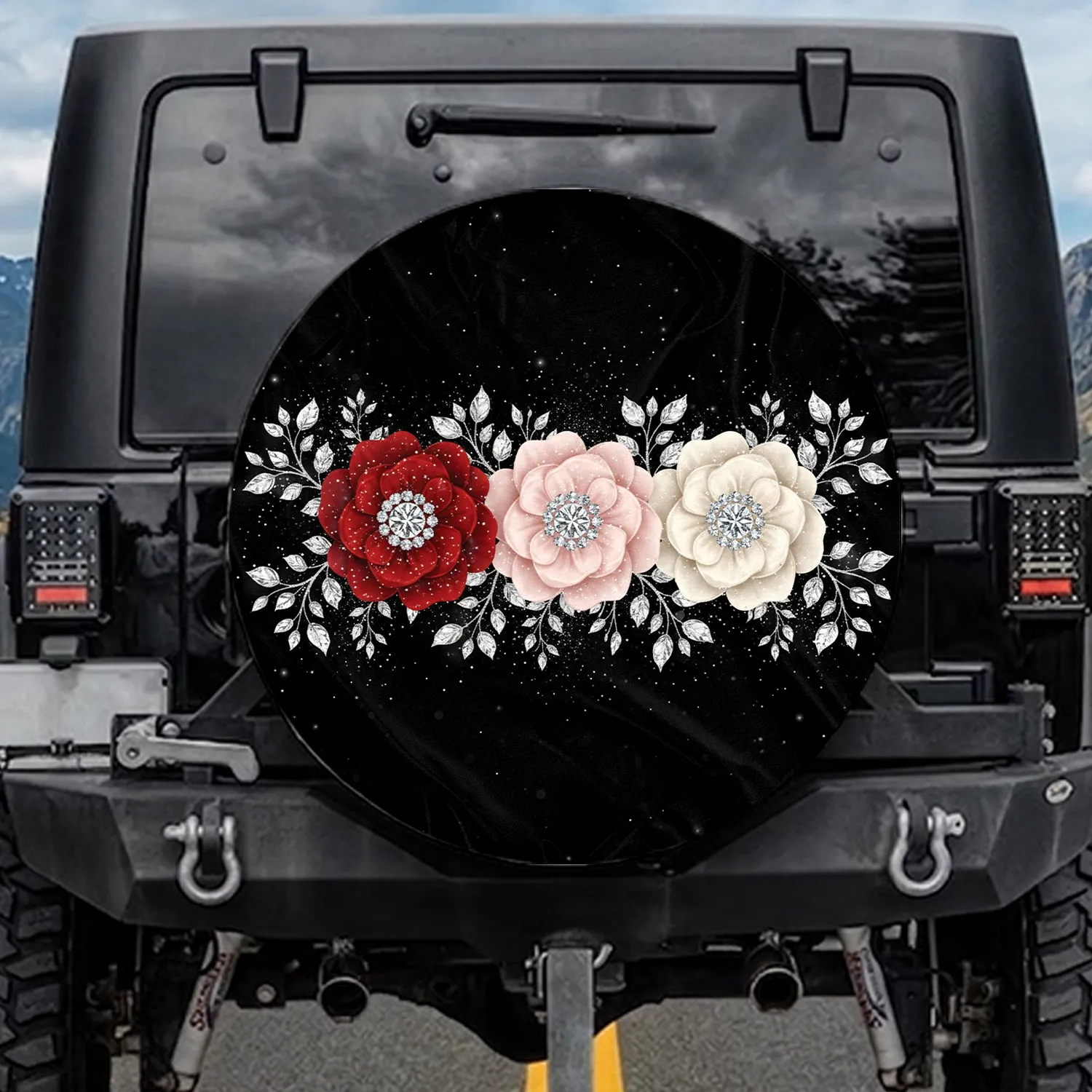 Ruby Red Pink Cream Flowers Diamond Hearts Crystal Sprigs Luxury Auto Accessory Spare Tire Cover - 1