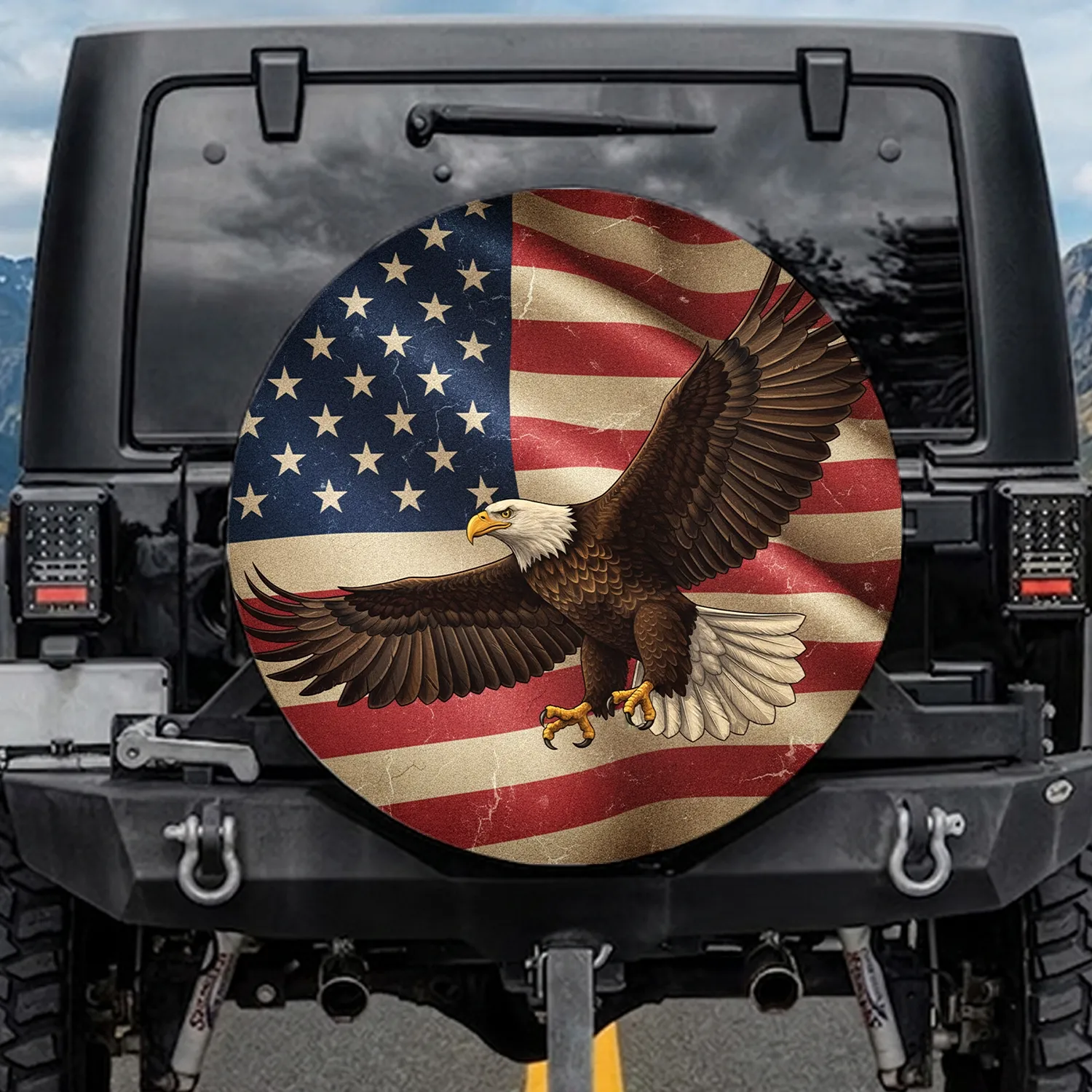 Majestic Bald Eagle Weathered American Flag Independence Day Celebration Gift for Veterans Spare Tire Cover - 1