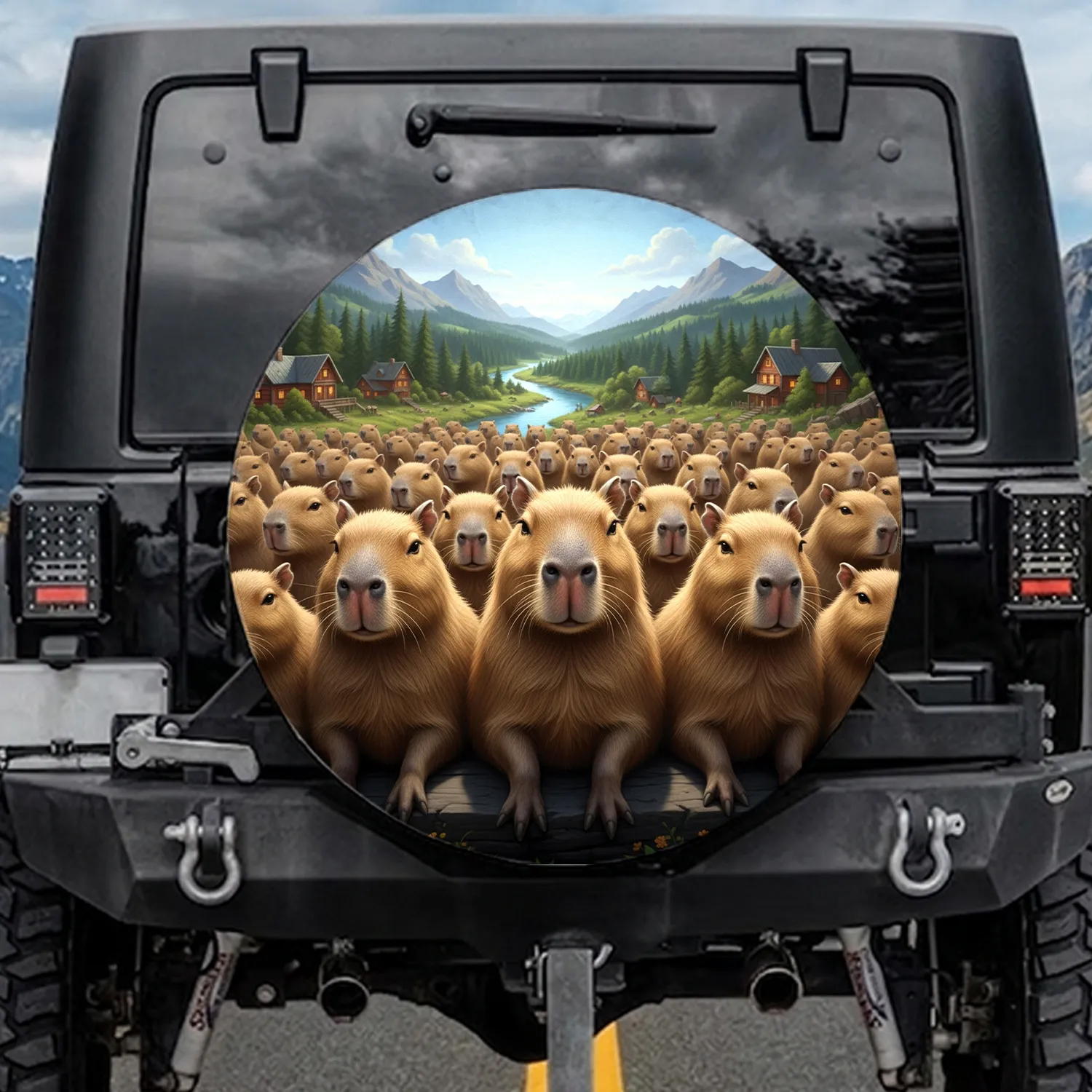 Capybaras River Forest Hills Mountains Rustic Buildings - Wildlife Lover Gift Spare Tire Cover - 1