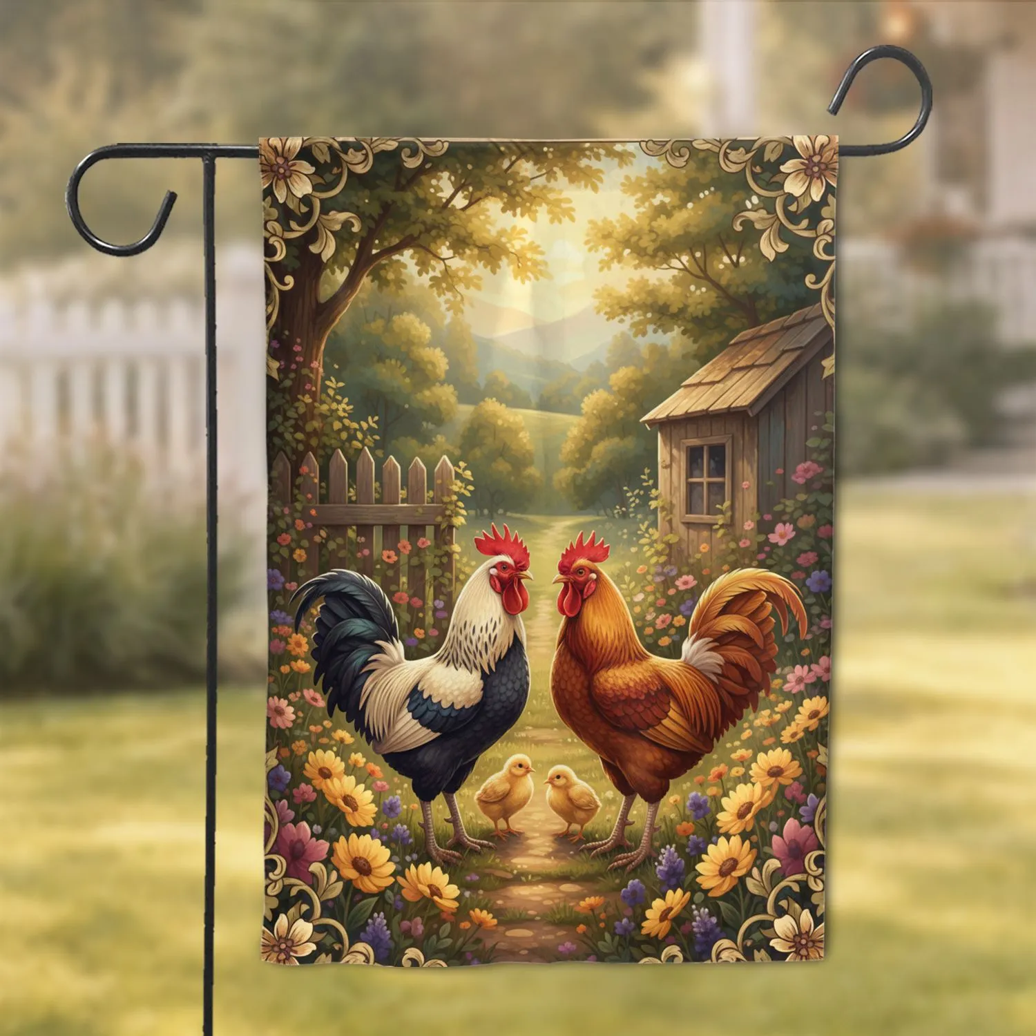 Black White Golden Roosters Chicks Wildflower Farm - Farmhouse Home Decor Gift Garden Flag - 1