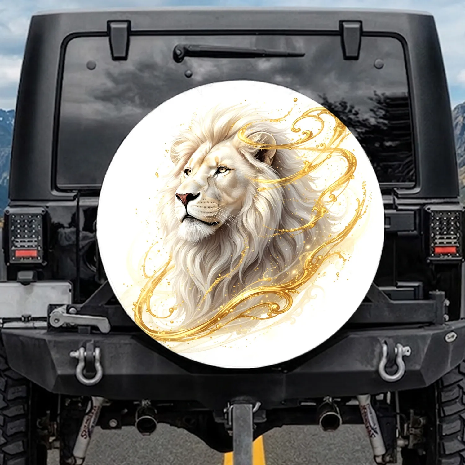 White Lion Head Golden Liquid Waves - Wildlife Enthusiast Gift Spare Tire Cover - 1