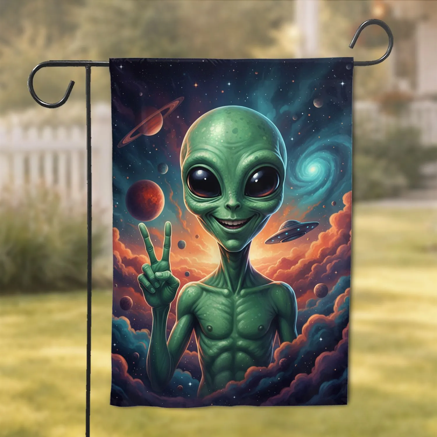 Jovial Green Alien Peace Sign Flying Saucer Cosmic Space - Gift for Sci-Fi Fan Garden Flag - 1