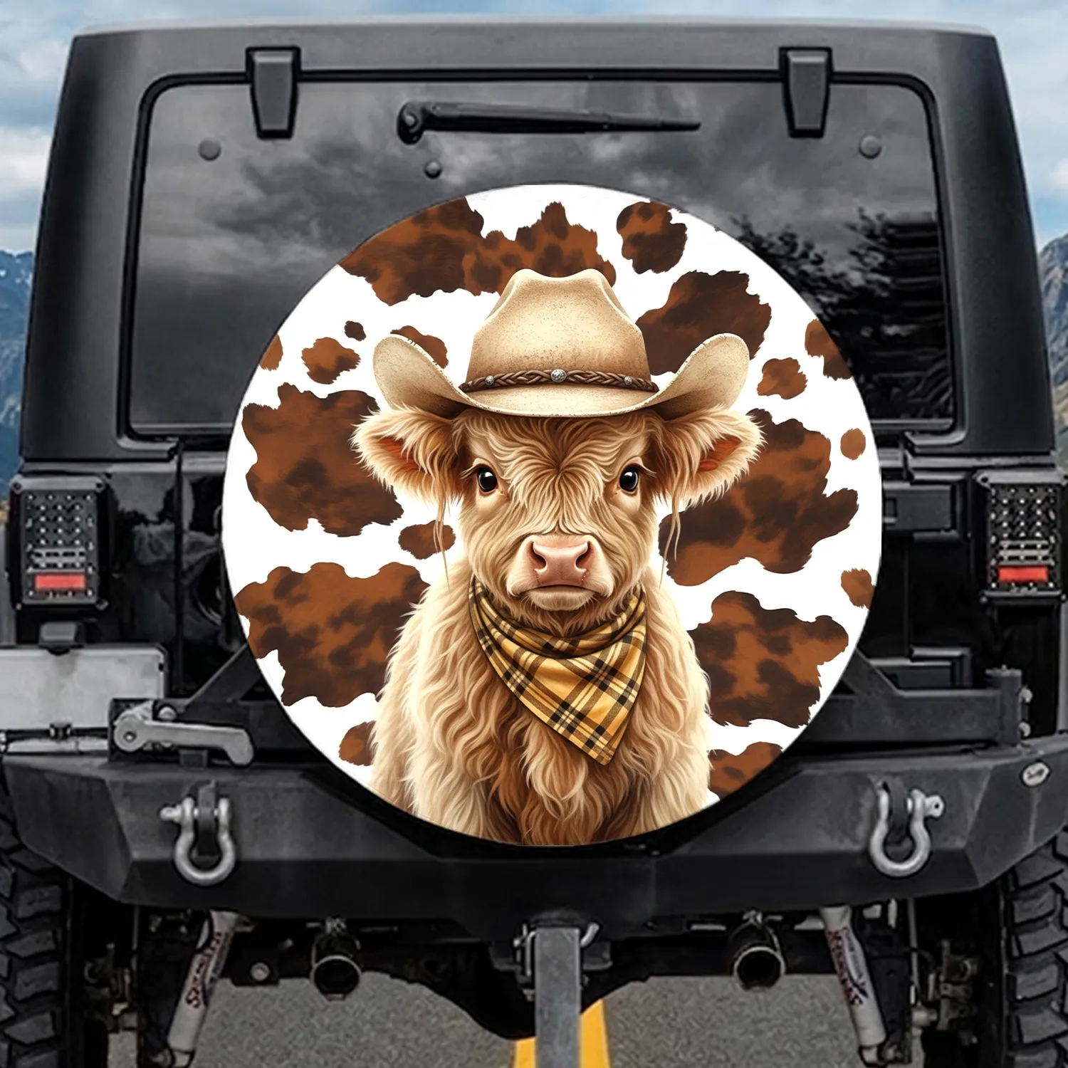 Fluffy Baby Highland Cow Cowboy Hat Plaid Bandana Cowhide Spots - Rustic Farmhouse Decor Spare Tire Cover - 1