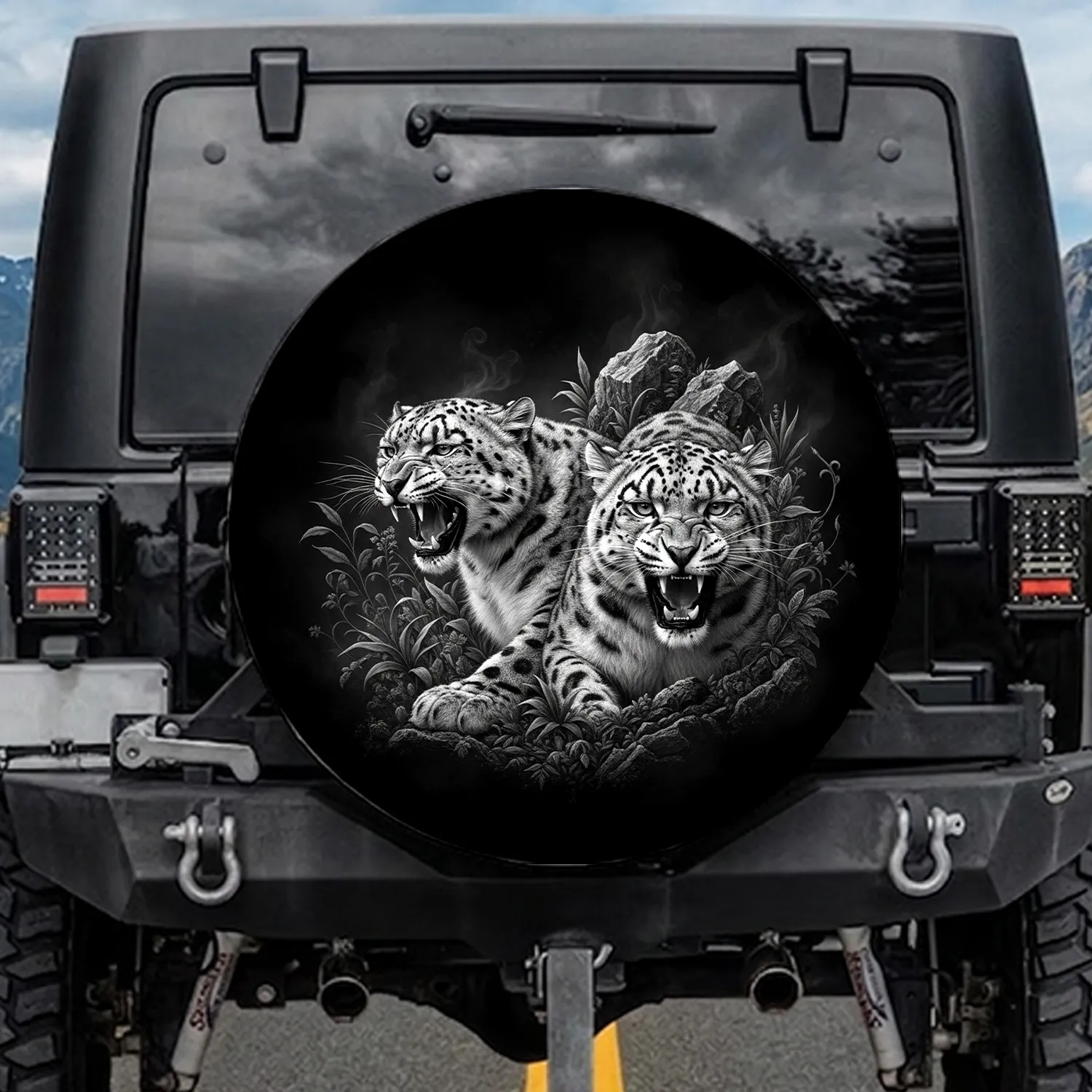 Intense Powerful Black White Snow Leopards Roaring Rugged Jungle - Wildlife Lover Gift Spare Tire Cover - 1