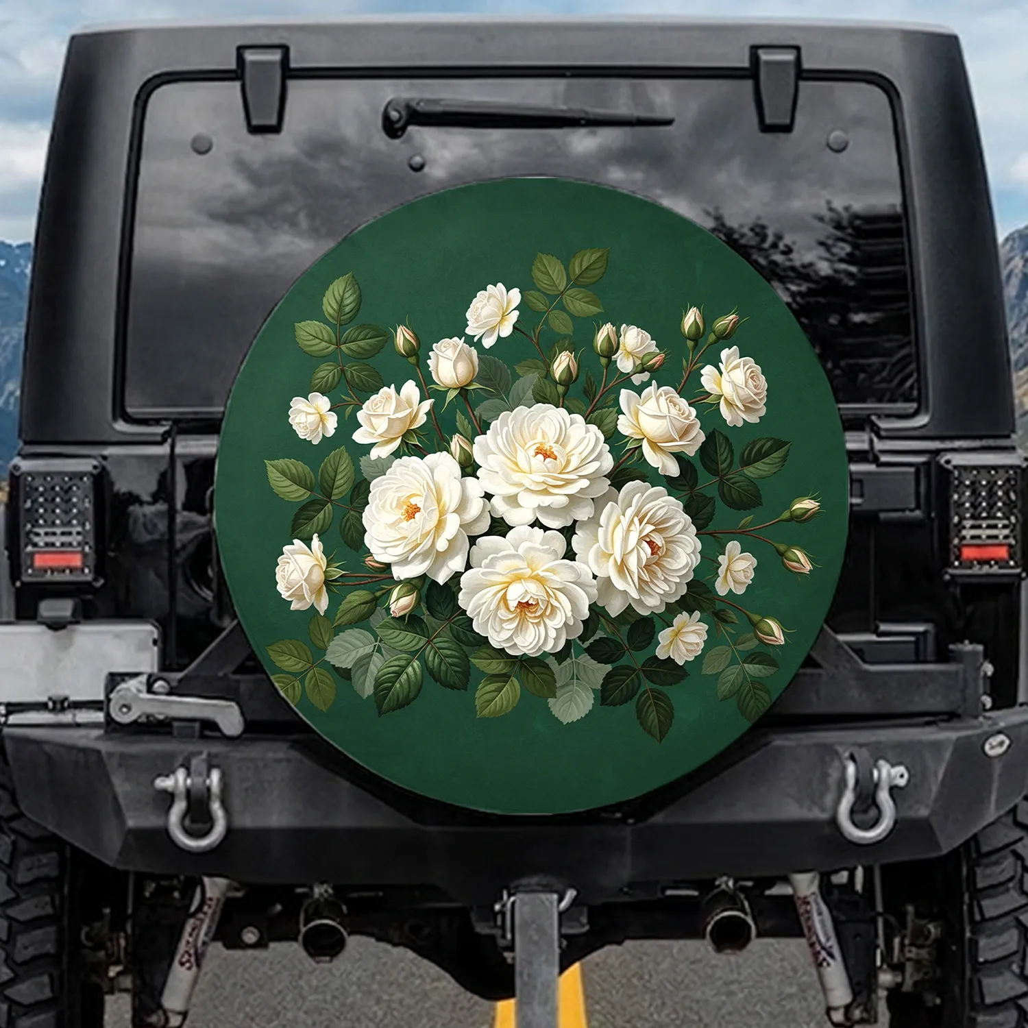 Creamy White Garden Roses Emerald Green Foliage - Home Decor Gift for Nature Lovers Spare Tire Cover - 1