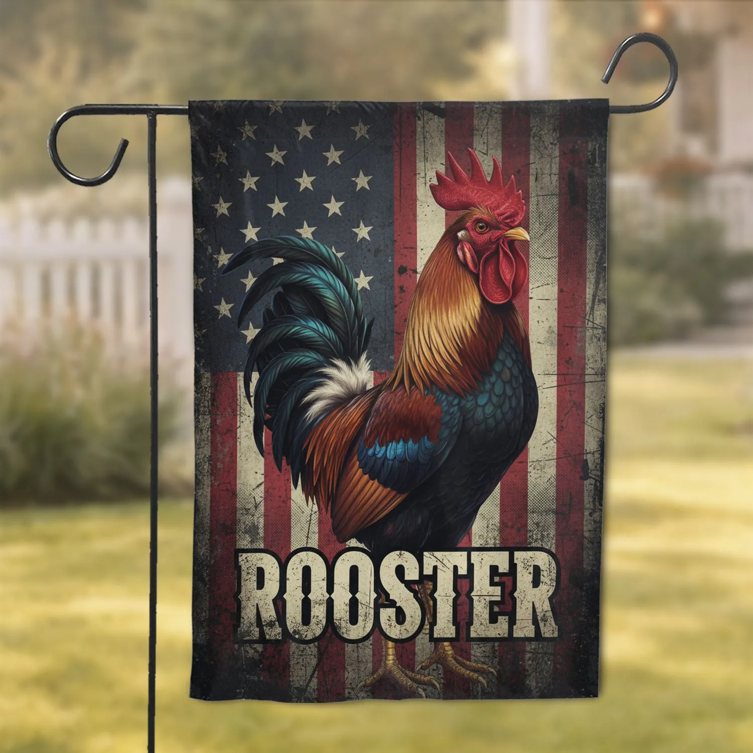 Gamecock Rooster ROOSTER Distressed American Flag - Independence Day Home Decor Garden Flag - 1