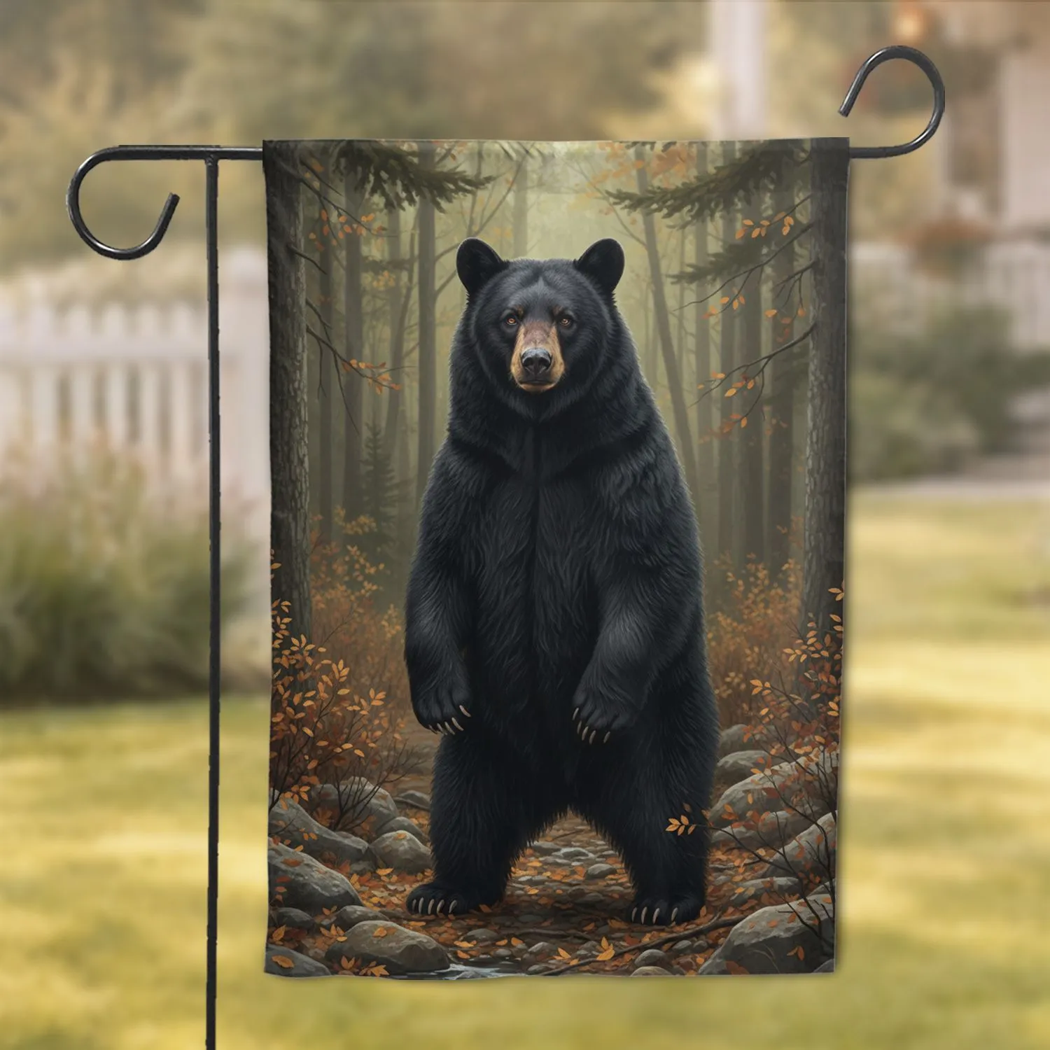Black Bear Rocky River Stones Autumn Leaves Forest Trees - Wildlife Lover Home Decor Gift Garden Flag - 1