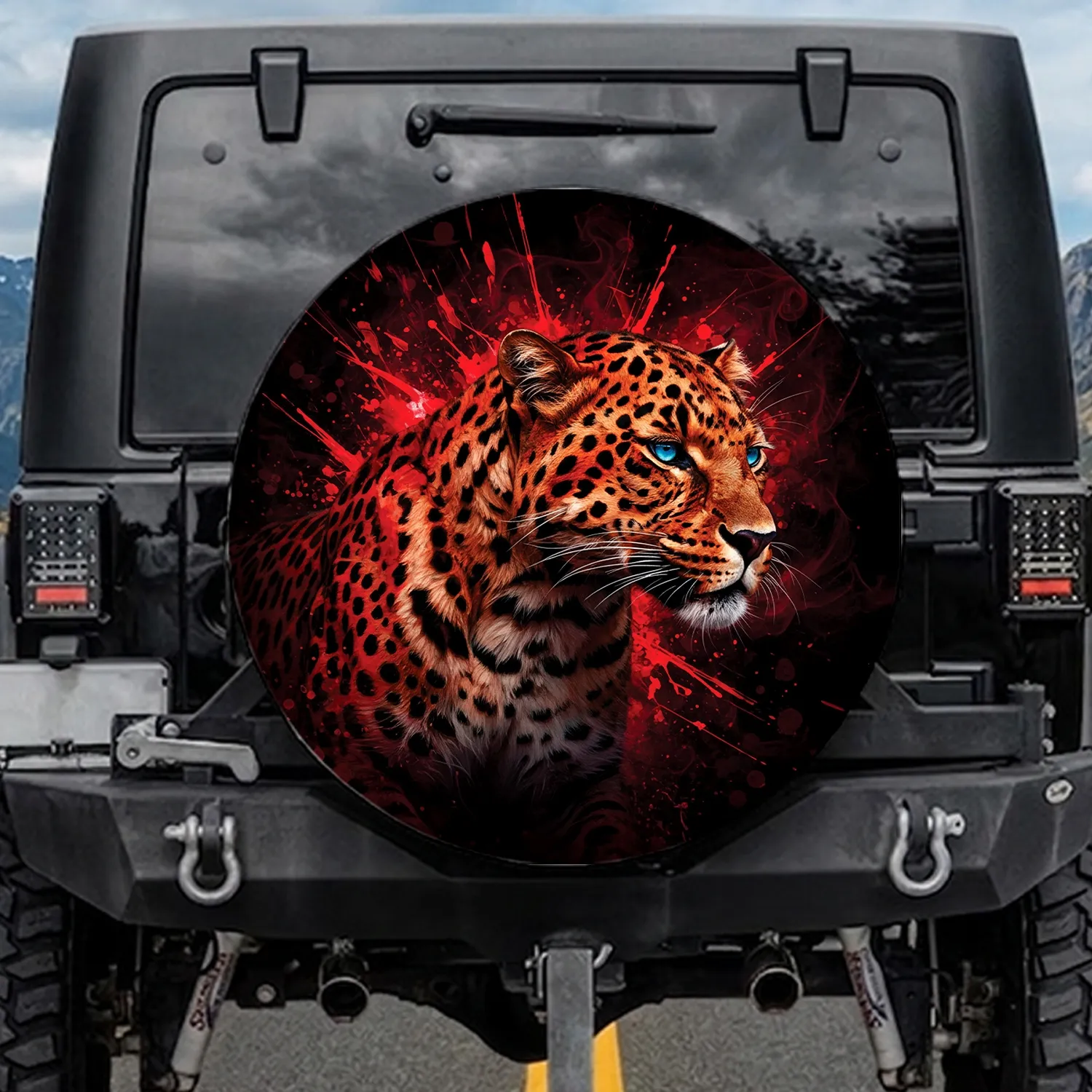 Red Leopard Black Rosettes Blue Eyes Profile View - Wildlife Lover Gift Spare Tire Cover - 1