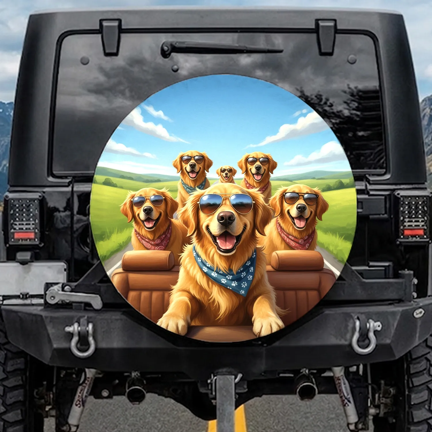 Cheerful Golden Retrievers Road Trip - Dog Lover Adventure Gift Spare Tire Cover - 1