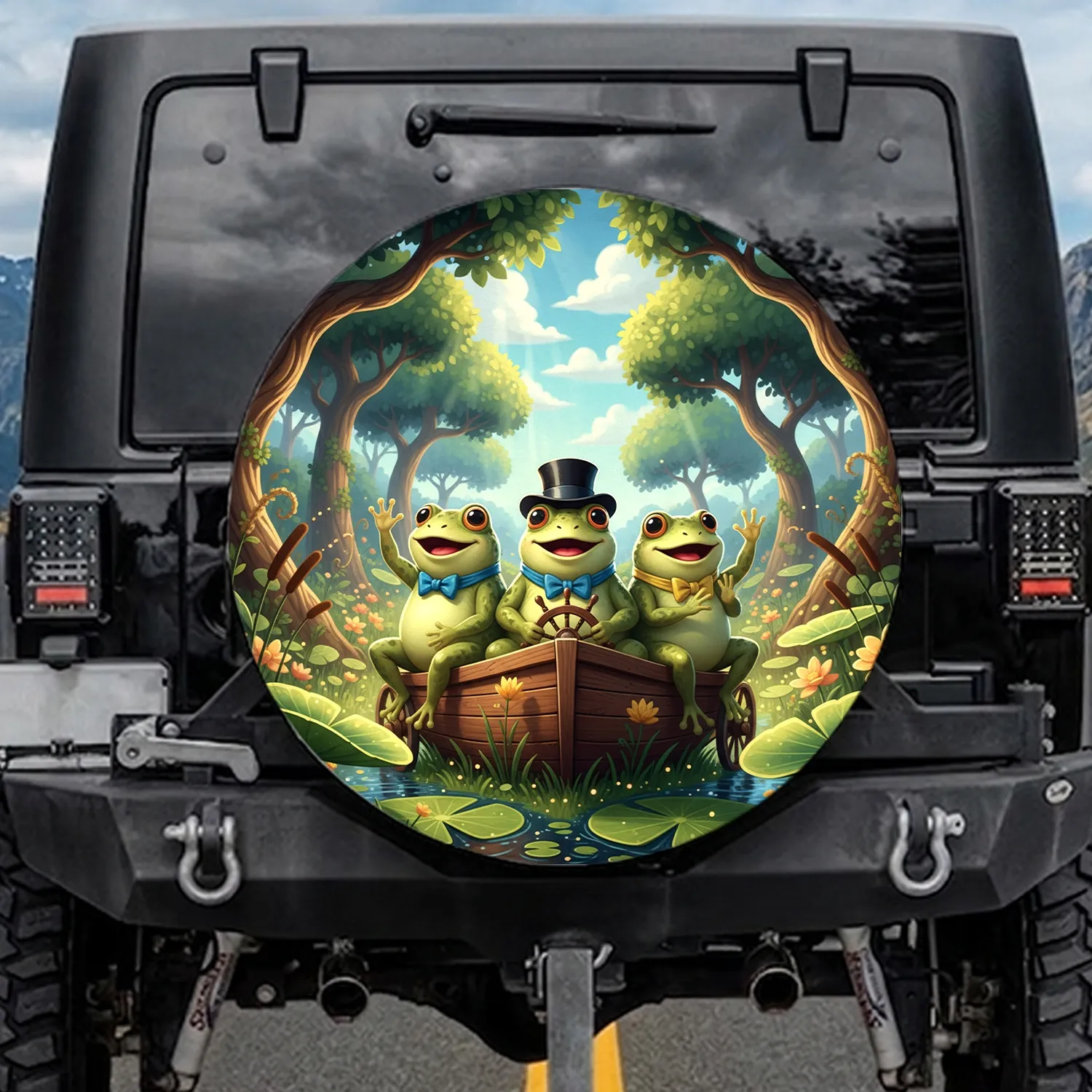 Three Cartoon Frogs Top Hat Bow Ties Carriage - Nature Lover Gift Spare Tire Cover - 1