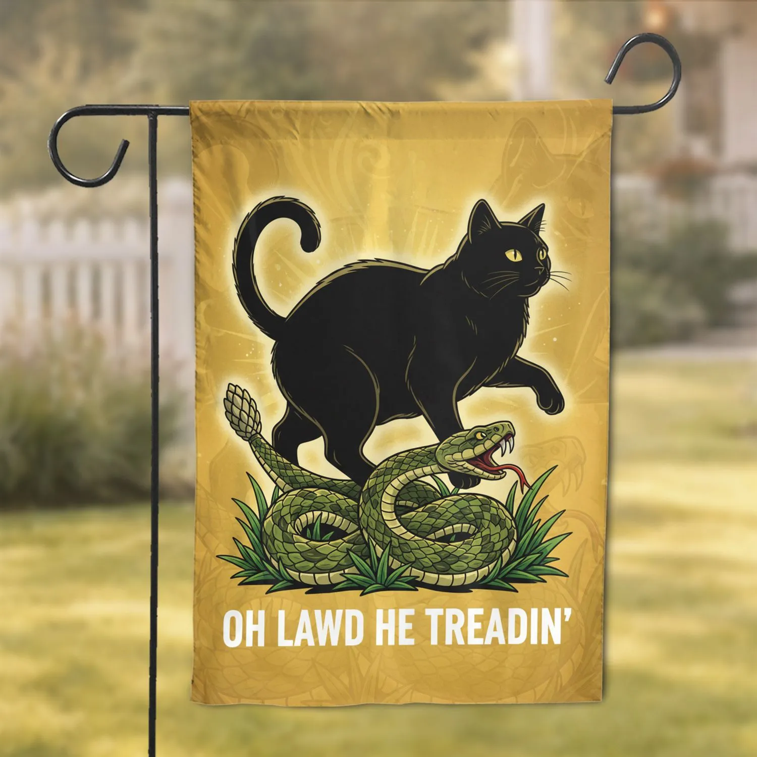Black Cat Rattlesnake 'OH LAWD HE TREADIN'' - Humor Gift for Cat Lovers Garden Flag - 1