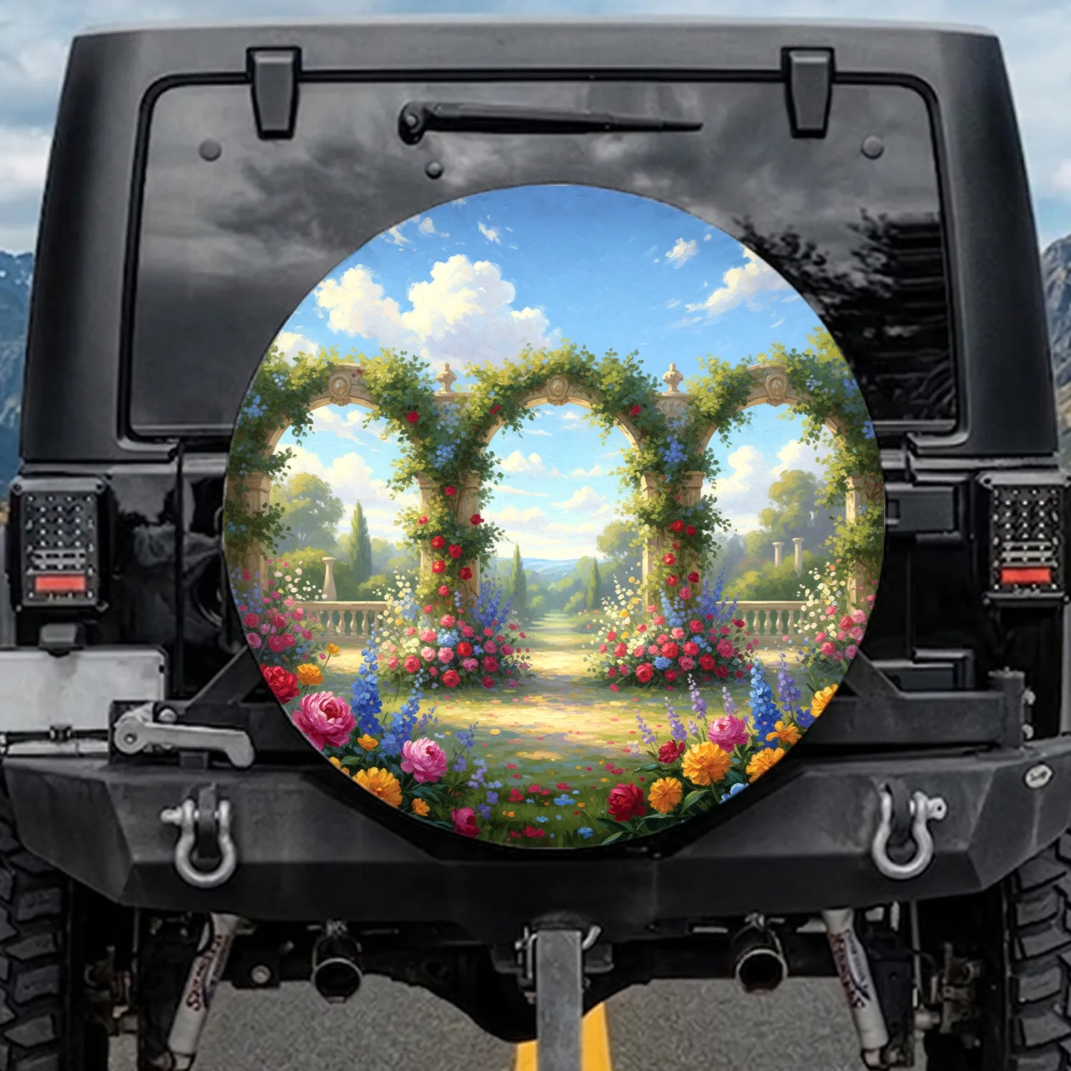 Sun-Drenched Garden Vista Floral Blooms Stone Arch Climbing Vines - Home Decor Gift for Garden Enthusiast Spare Tire Cover - 1