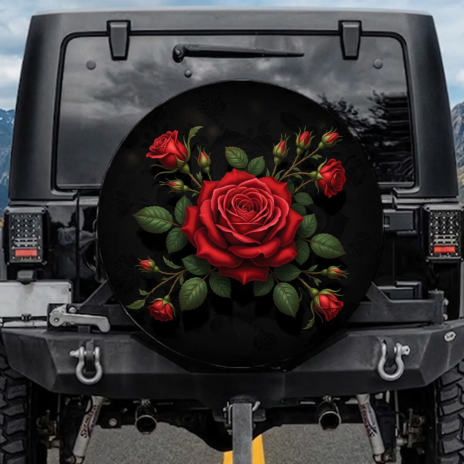 Deep Red Rose Floral Bloom with Emerald Green Leaves - Garden Lover Everyday Accent Spare Tire Cover - 1