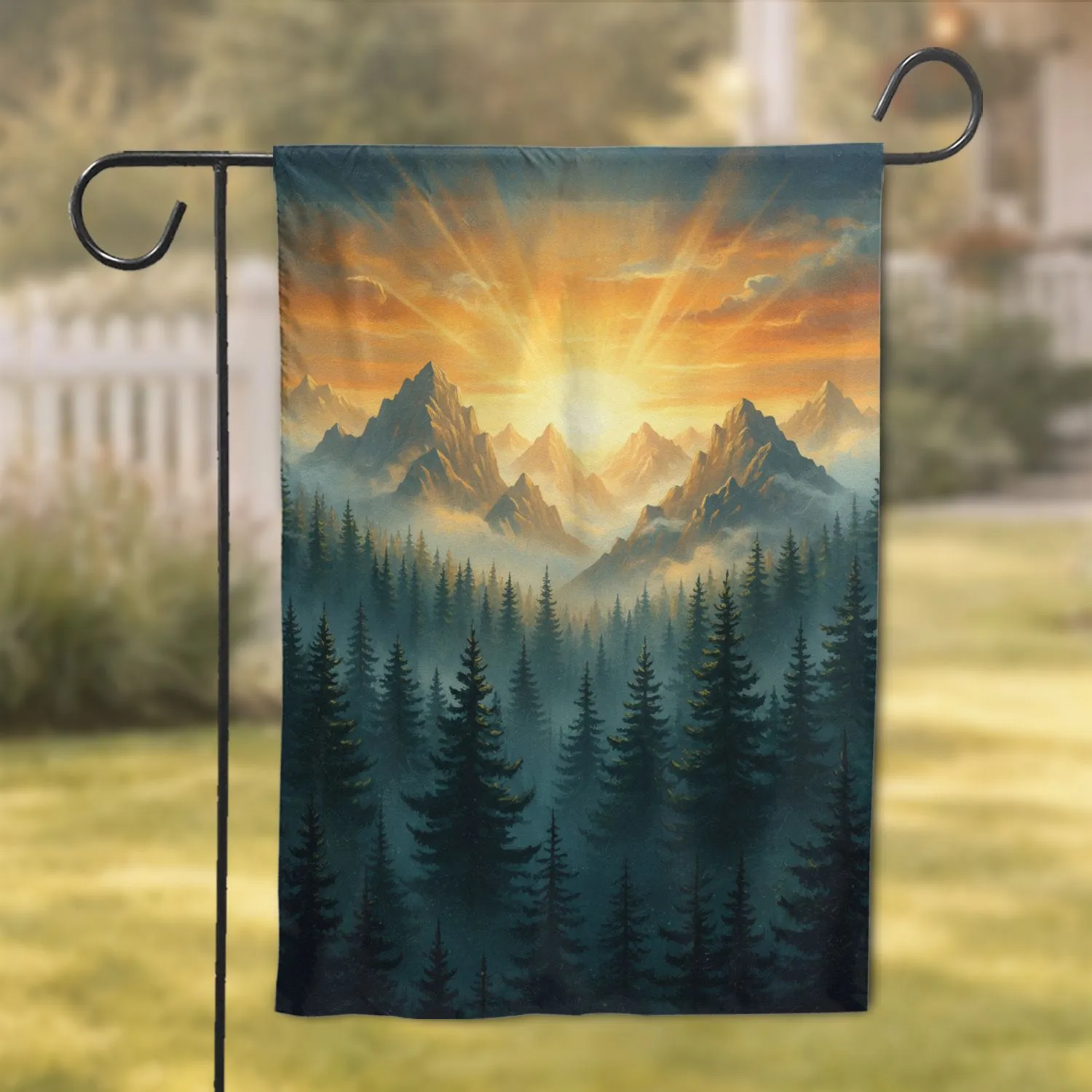 Majestic Misty Pine Forest Mountain Range Golden Sunrise Sunset Glow - Nature Lover Gift Garden Flag - 1