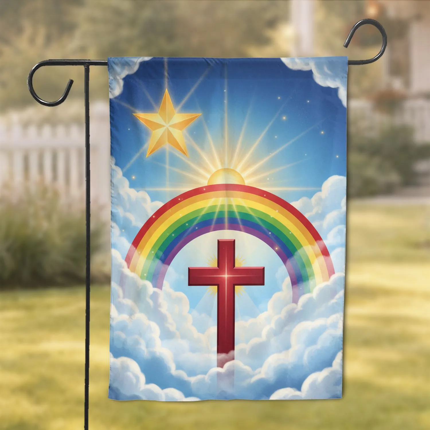 Golden Star Christian Cross Rainbow Sun Sky - Spiritual Home Decor Gift Garden Flag - 1