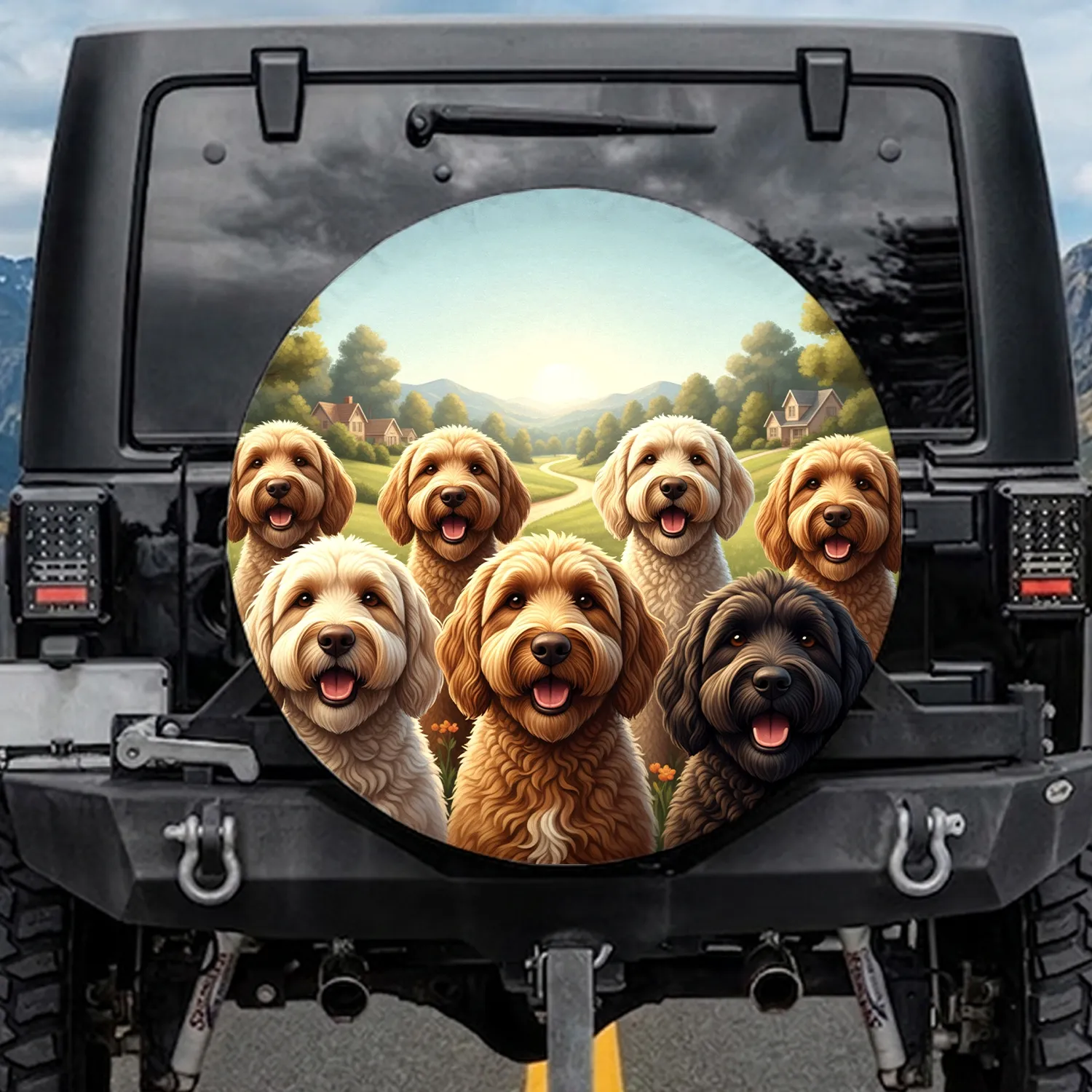 Goldendoodle Labradoodle Dogs Suburban Road - Dog Lover Gift Spare Tire Cover - 1