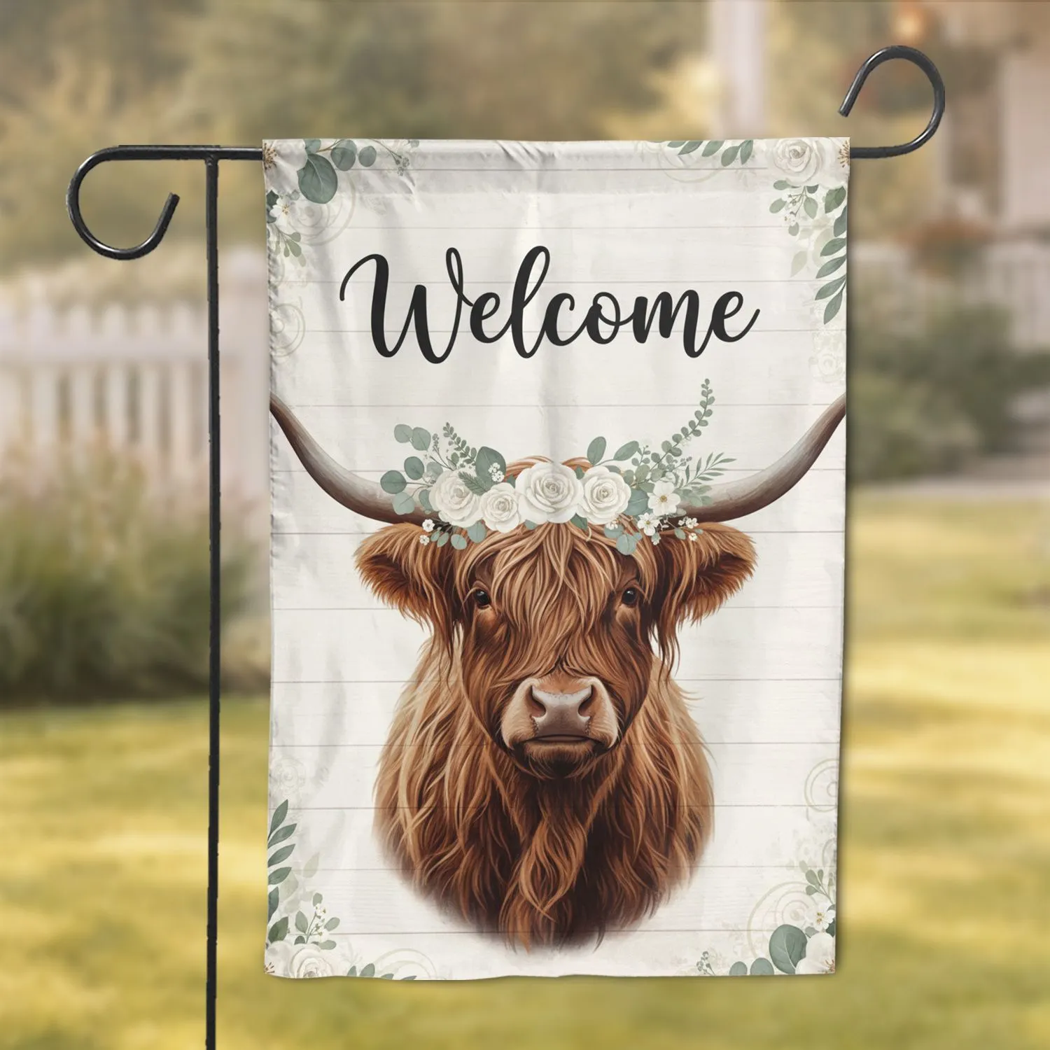 Highland Cow Welcome Floral Wreath - Farmhouse Home Decor Gift for Cow Lover Garden Flag - 1