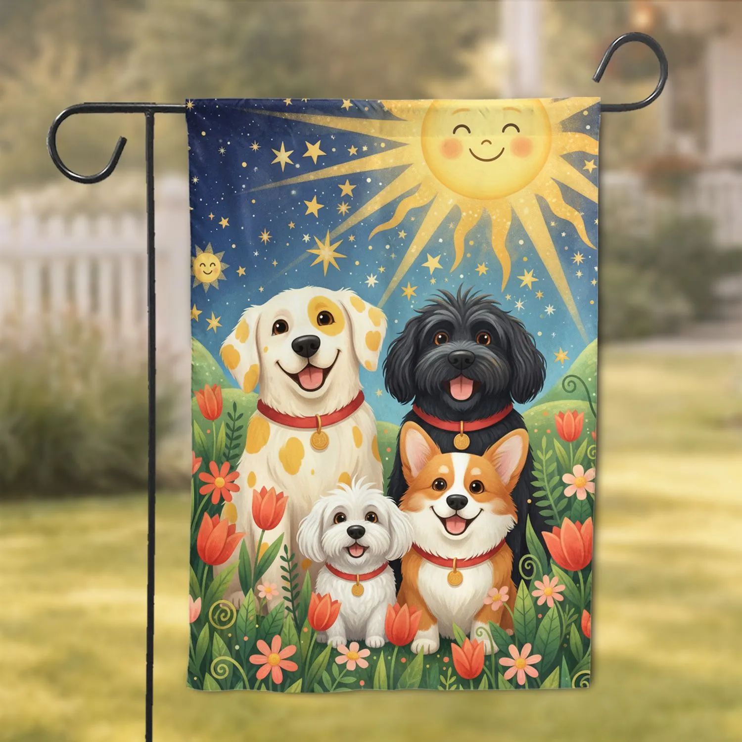 Happy Smiling Dogs Garden Flowers Day Night Sky - Joyful Home Decor Gift for Dog Lovers Garden Flag - 1
