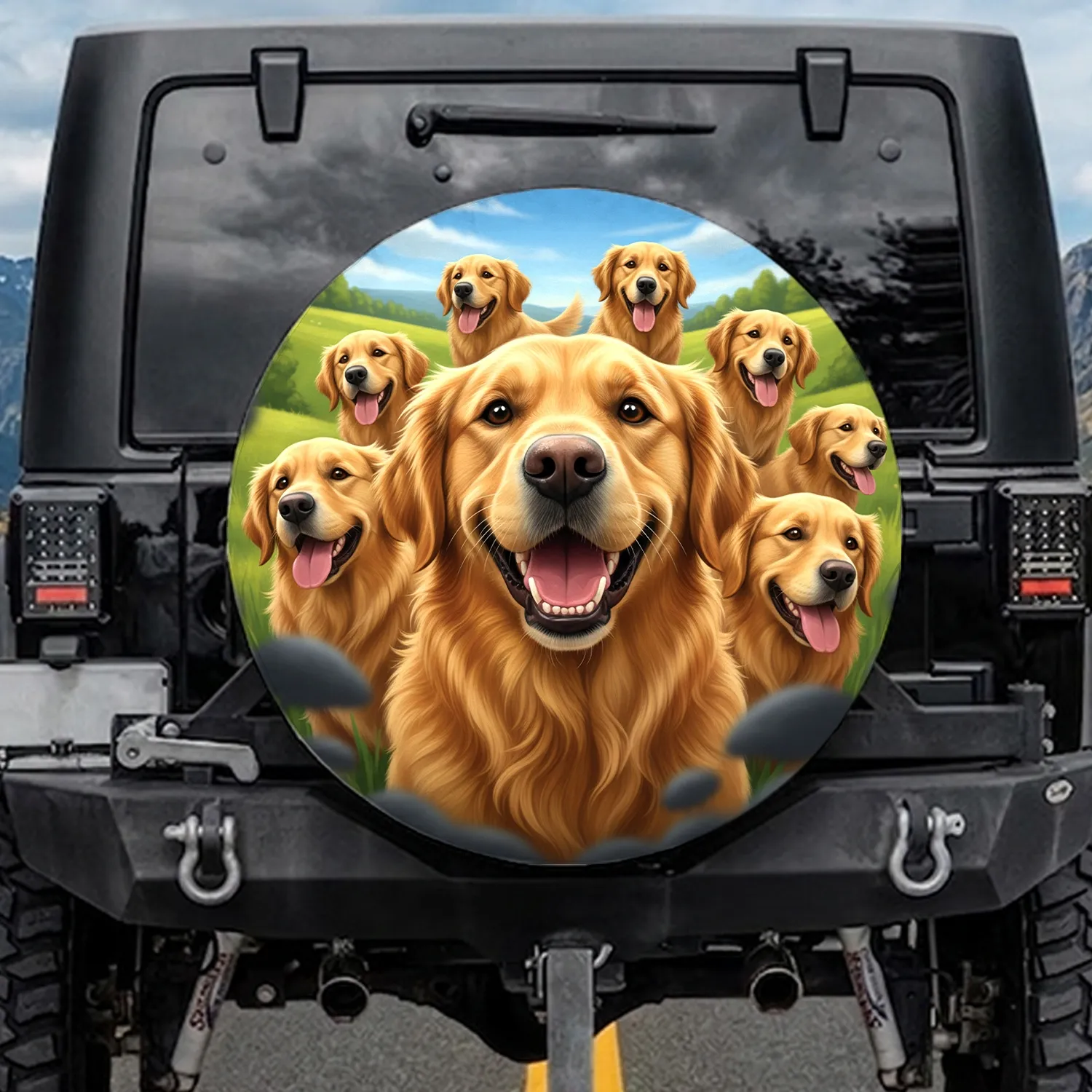 Smiling Golden Retriever Pack & Wagging Tongues - Everyday Dog Lover Gift for Pet Owners Spare Tire Cover - 1