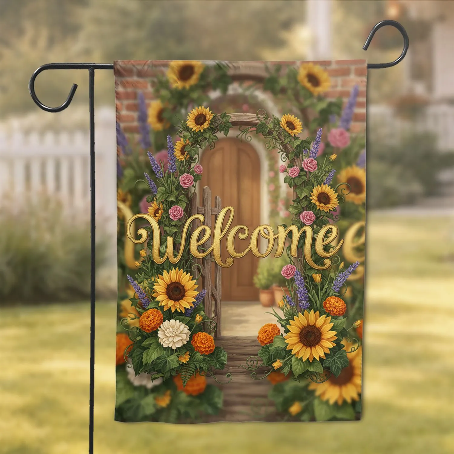 Welcome Text Sunflowers Marigolds Climbing Roses Garden Gate - Home Decor Gift Garden Flag - 1