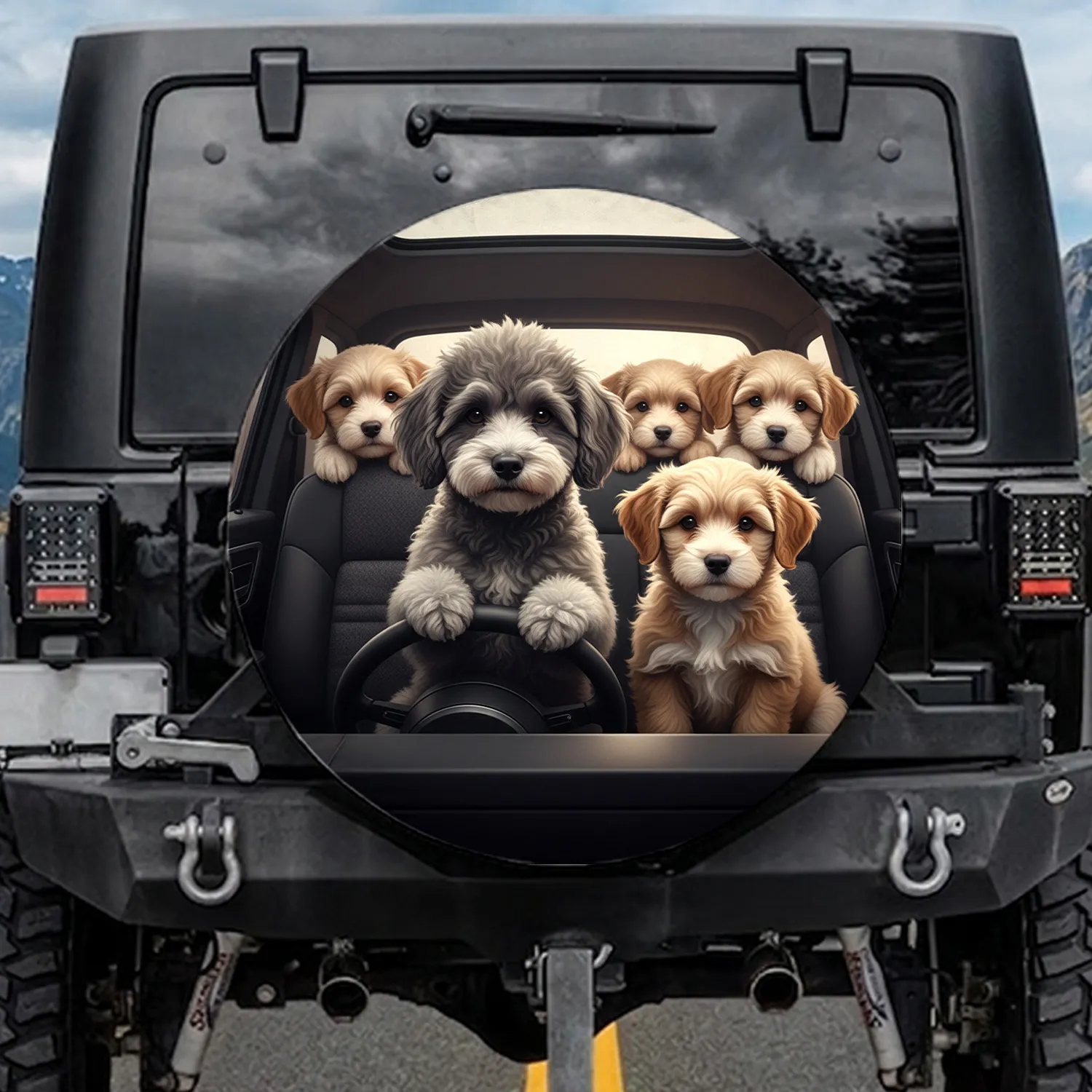 Fluffy Poodle Light Brown Puppies Driving Interior Car Scene - Dog Lover Gift for Pet Owners Spare Tire Cover - 1