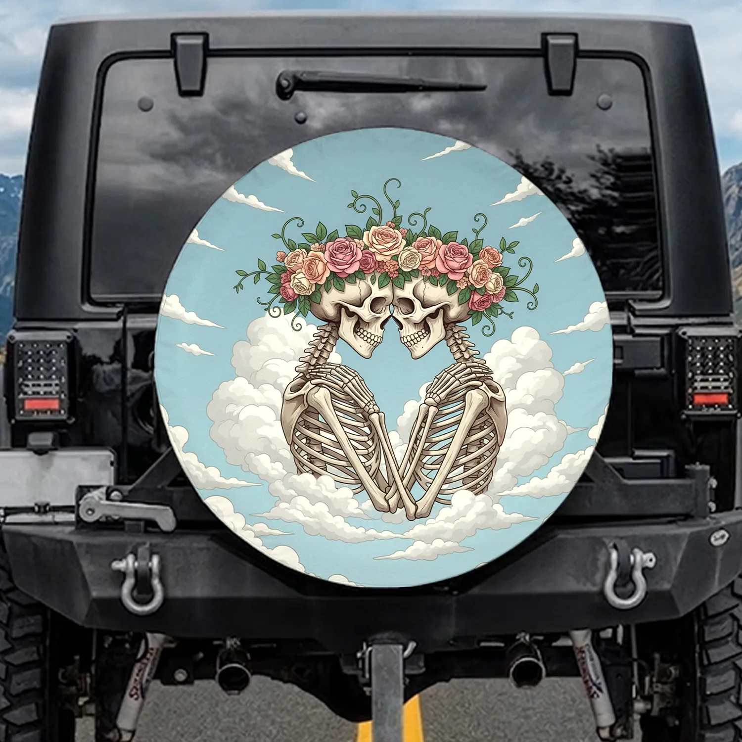 Skeletal Couple Romantic Embrace Lush Rose Floral Crowns Enduring Love Gift Spare Tire Cover - 1