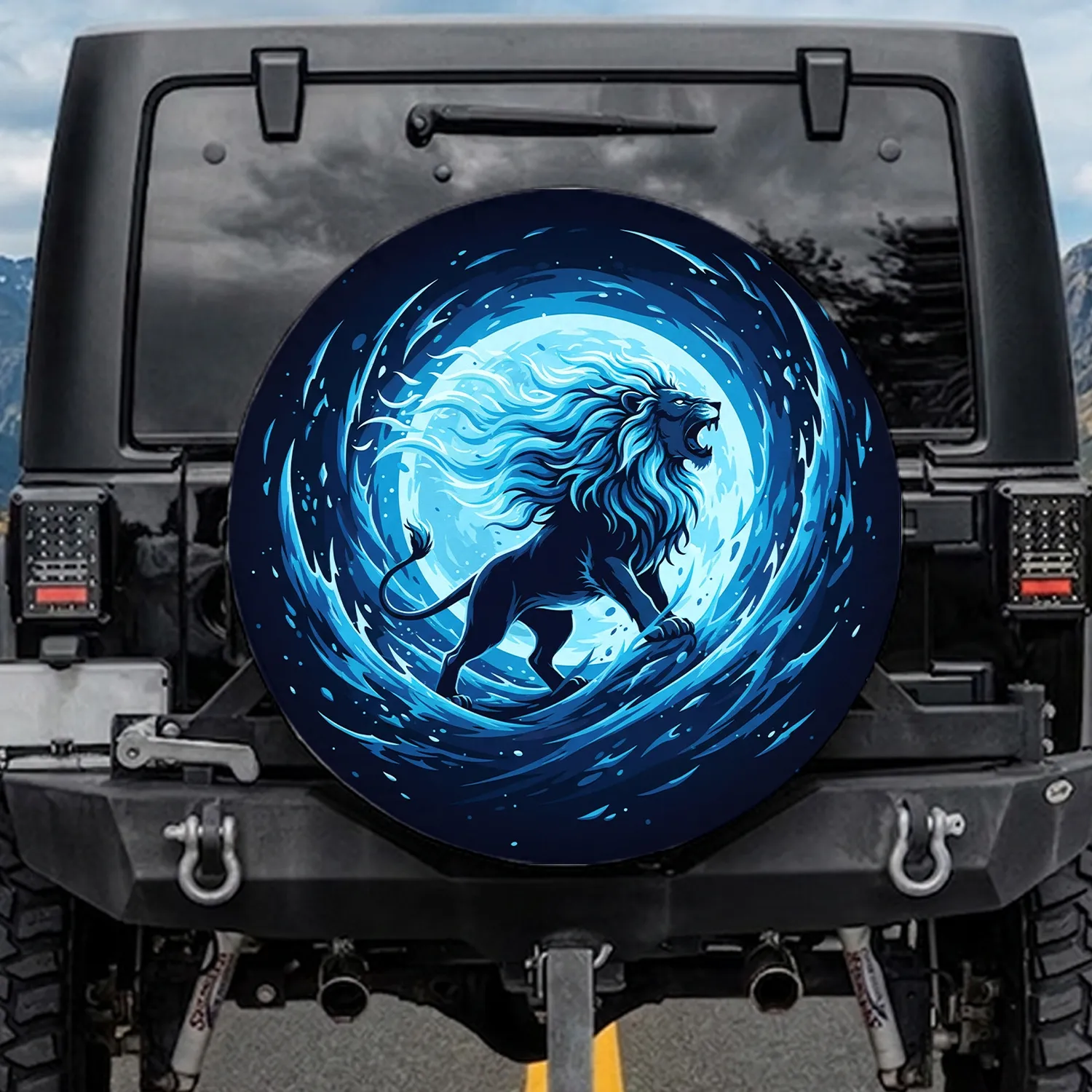 Roaring Lion Glowing Energy Silhouette Swirling Tendrils Deep Navy Night Sky - Wildlife Lover Gift Spare Tire Cover - 1