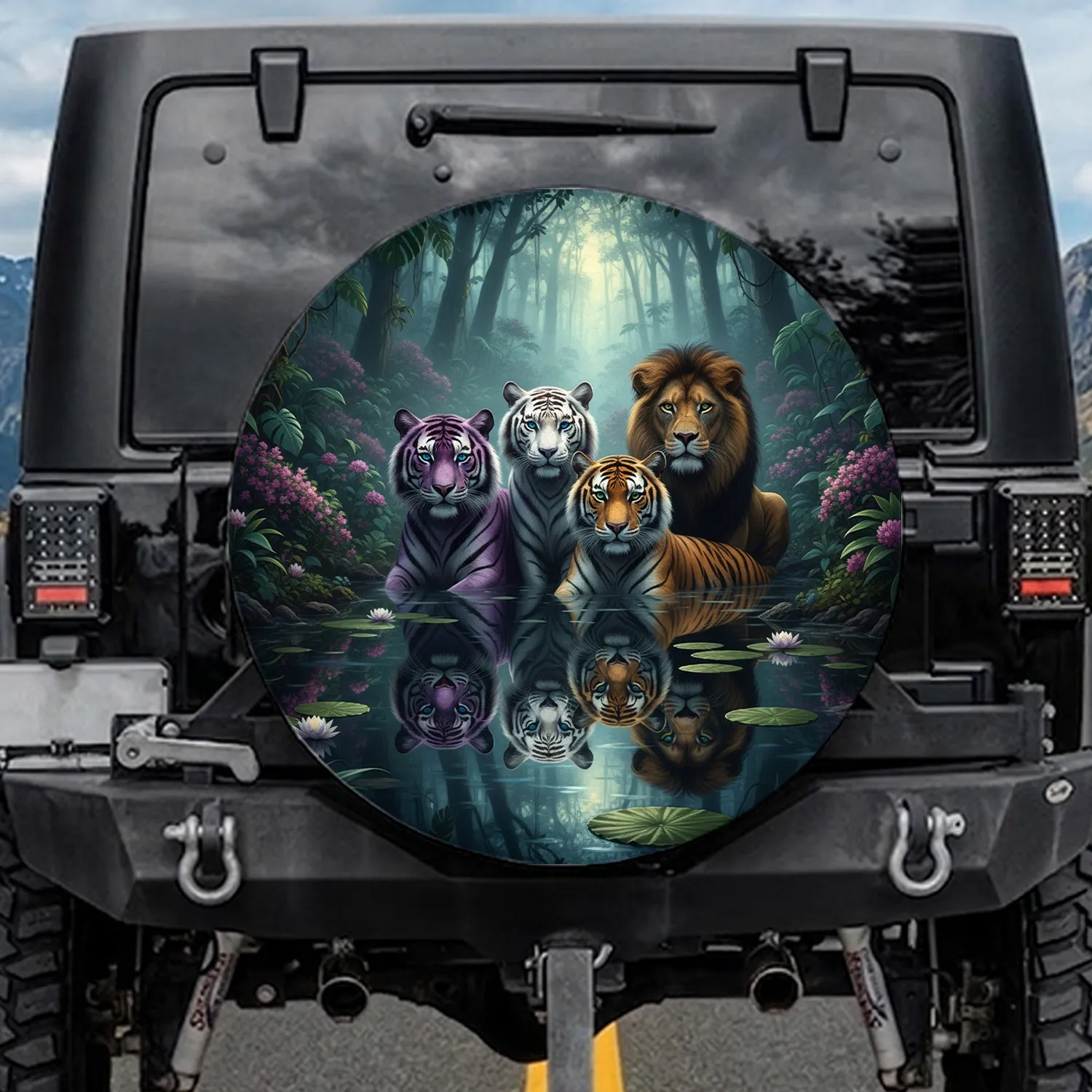 Purple Tiger White Tiger Lion Group - Tropical Jungle Water Wildlife Lover Gift Spare Tire Cover - 1