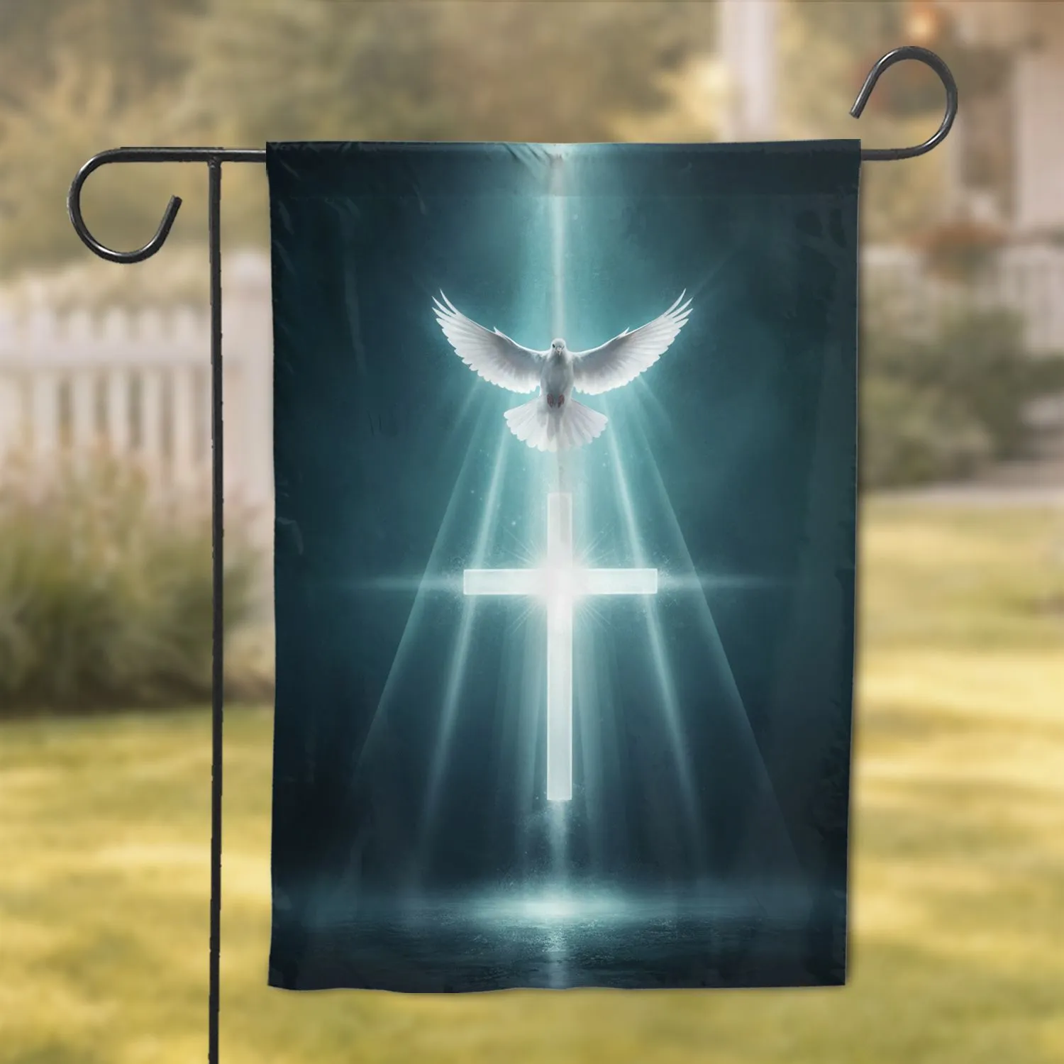 Luminous Christian Cross White Dove Celestial Light Rays Faith Home Decor Gift Garden Flag - 1