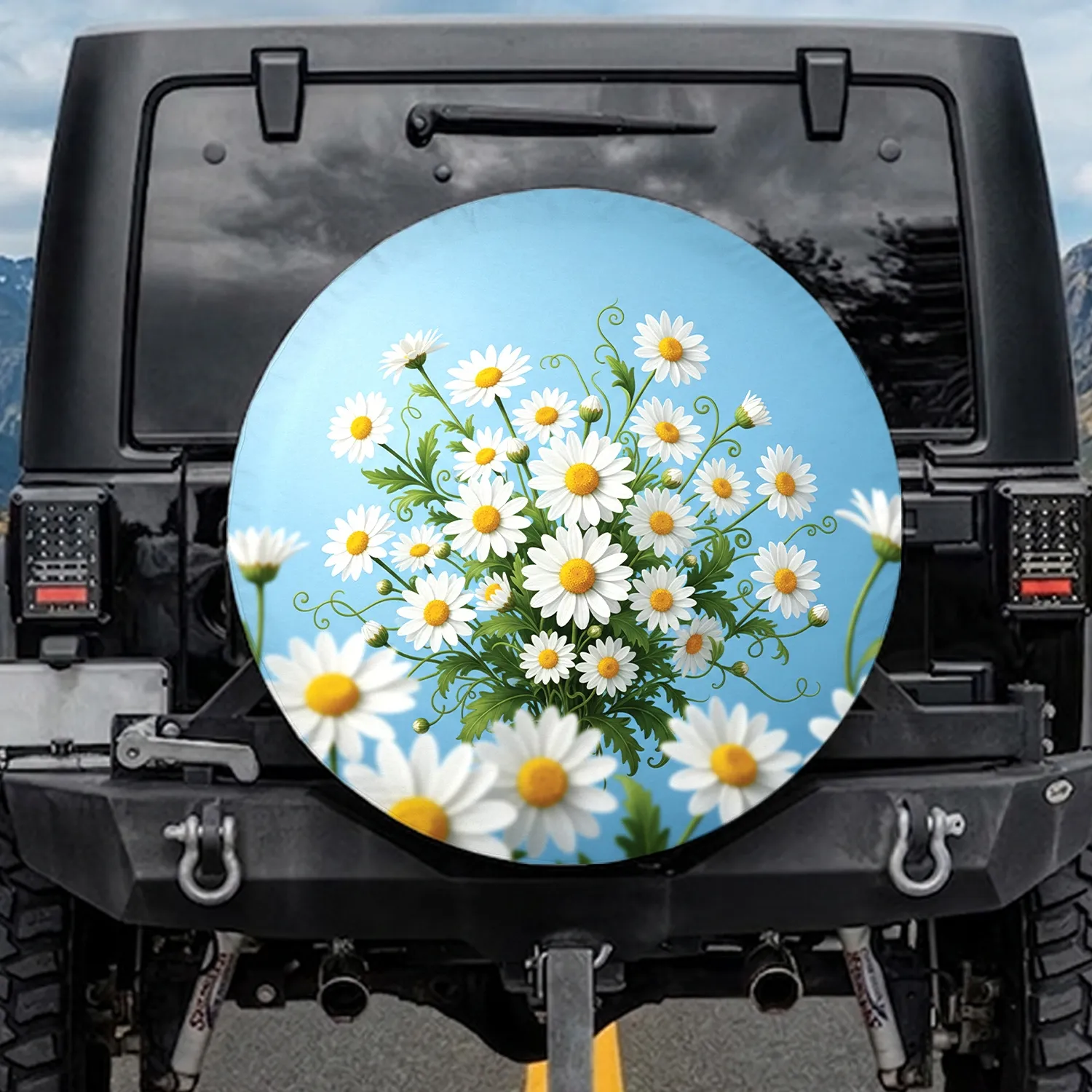 White Daisies Sunny Yellow Centers Large Small Buds Green Stems - Nature Lover Gift Spare Tire Cover - 1
