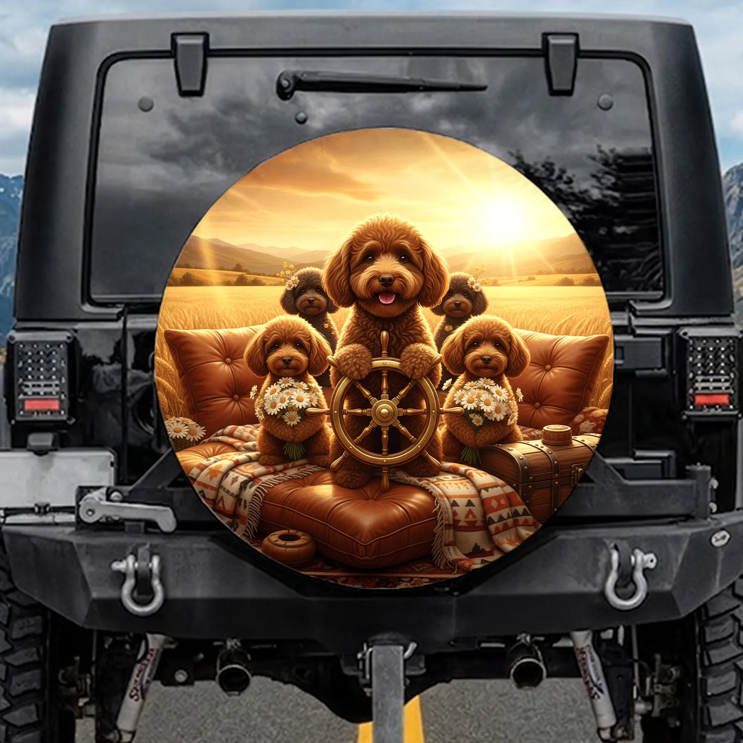 Five Fluffy Poodle Dogs Golden Hour Journey - Travel Adventure Gift Spare Tire Cover - 1