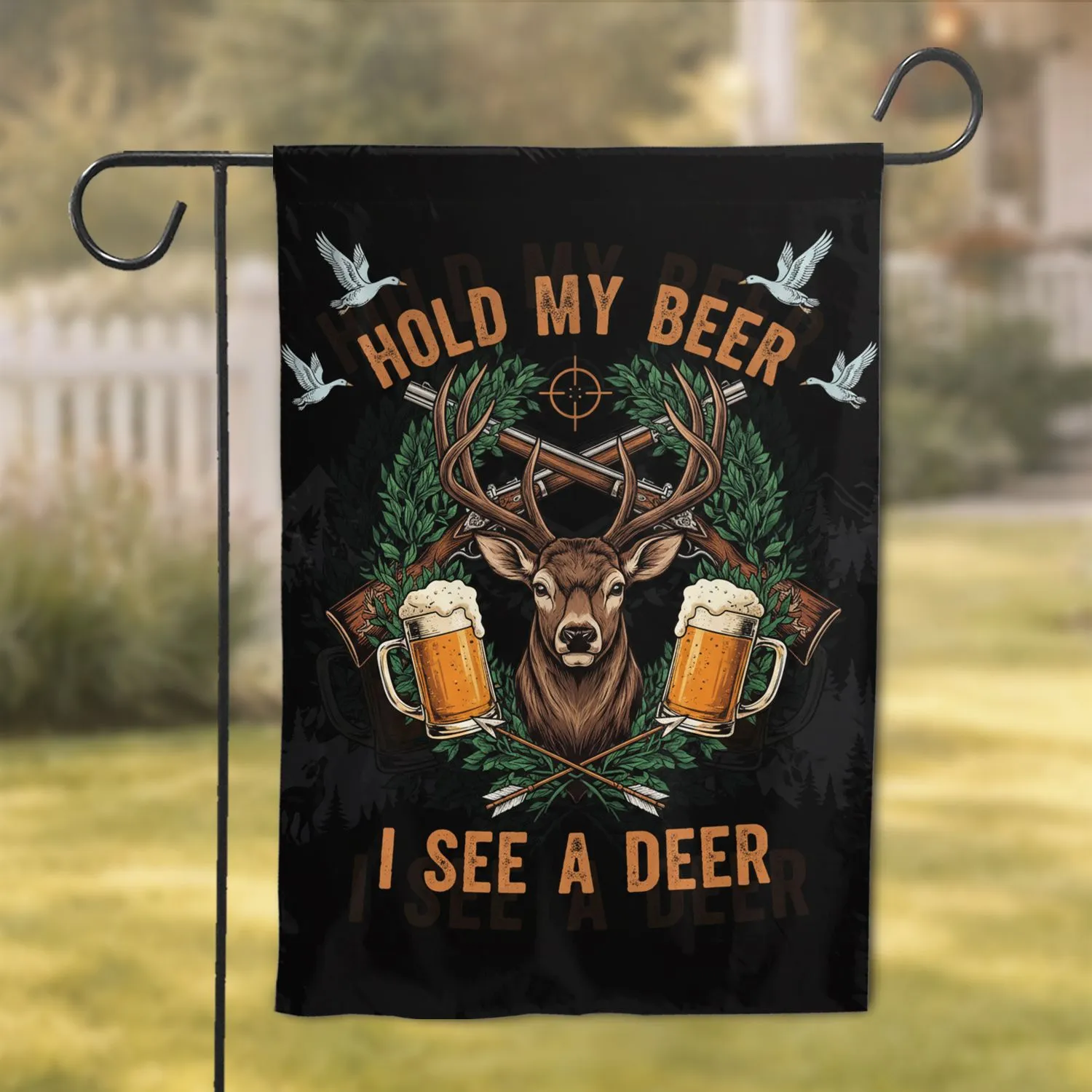 Hold My Beer I See A Deer Stag Deer Head Hunting Rifles - Outdoorsman Gift Garden Flag - 1