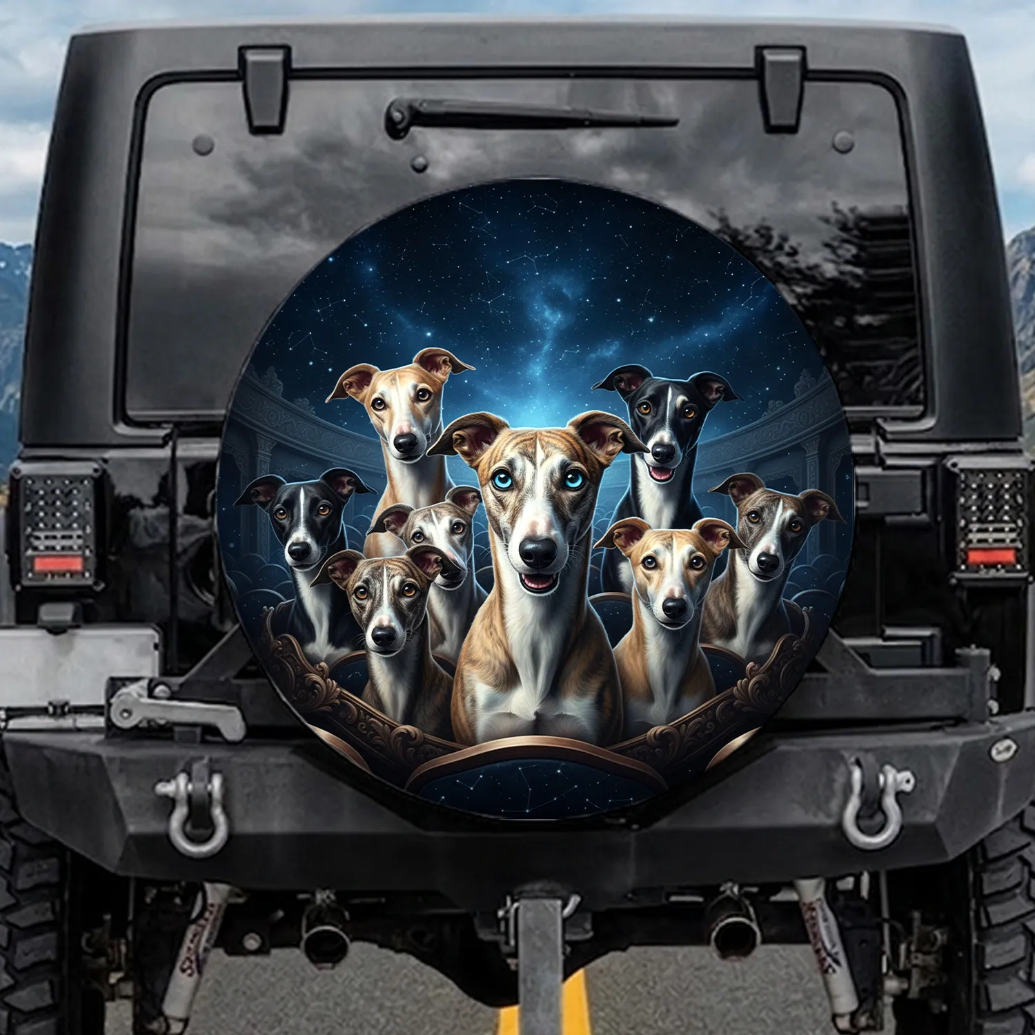 Prominent Curious Blue Eyed Greyhound Dogs Group Starlit Cosmic Sky - Dog Owner Gift Spare Tire Cover - 1