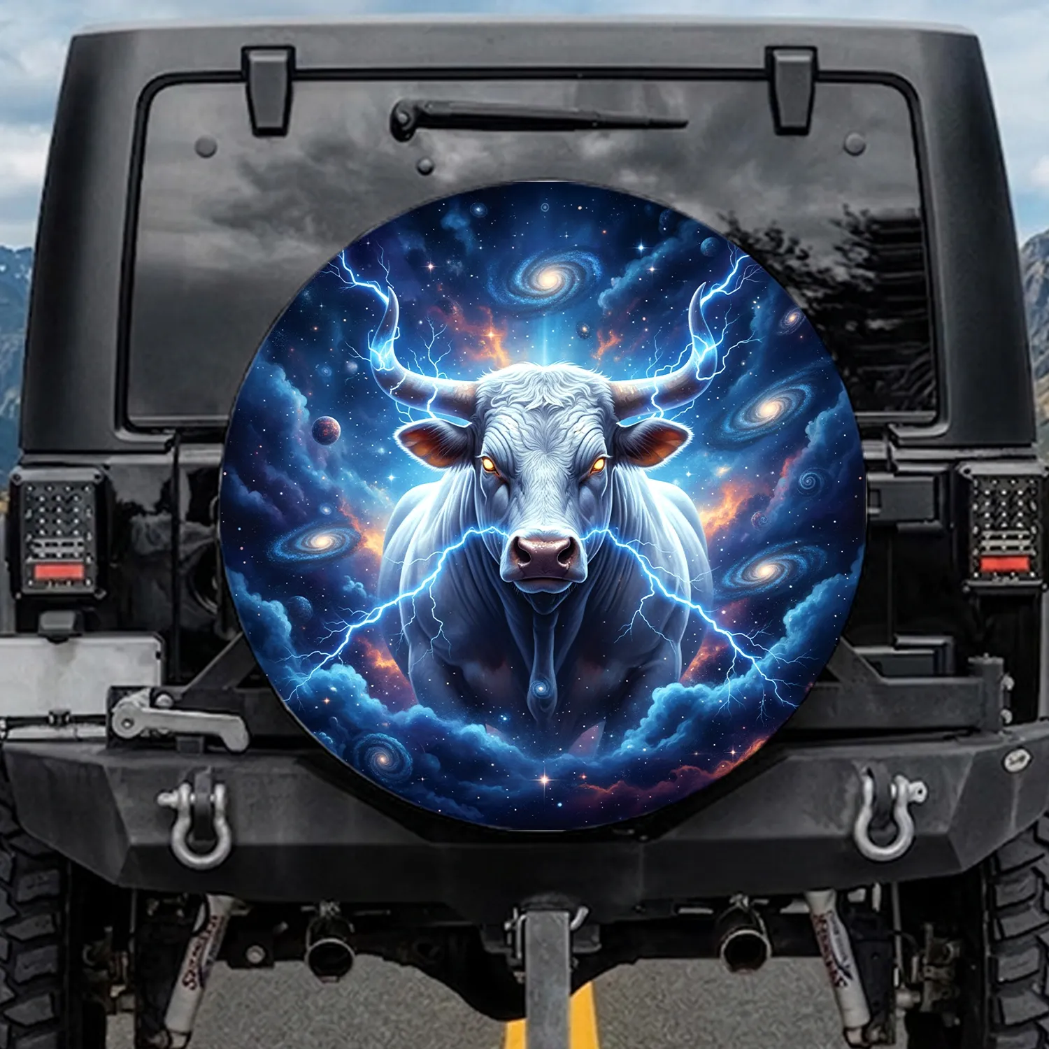 White Bull Electric Lightning Glowing Eyes Cosmic Galaxy - Vehicle Accessory Gift Spare Tire Cover - 1