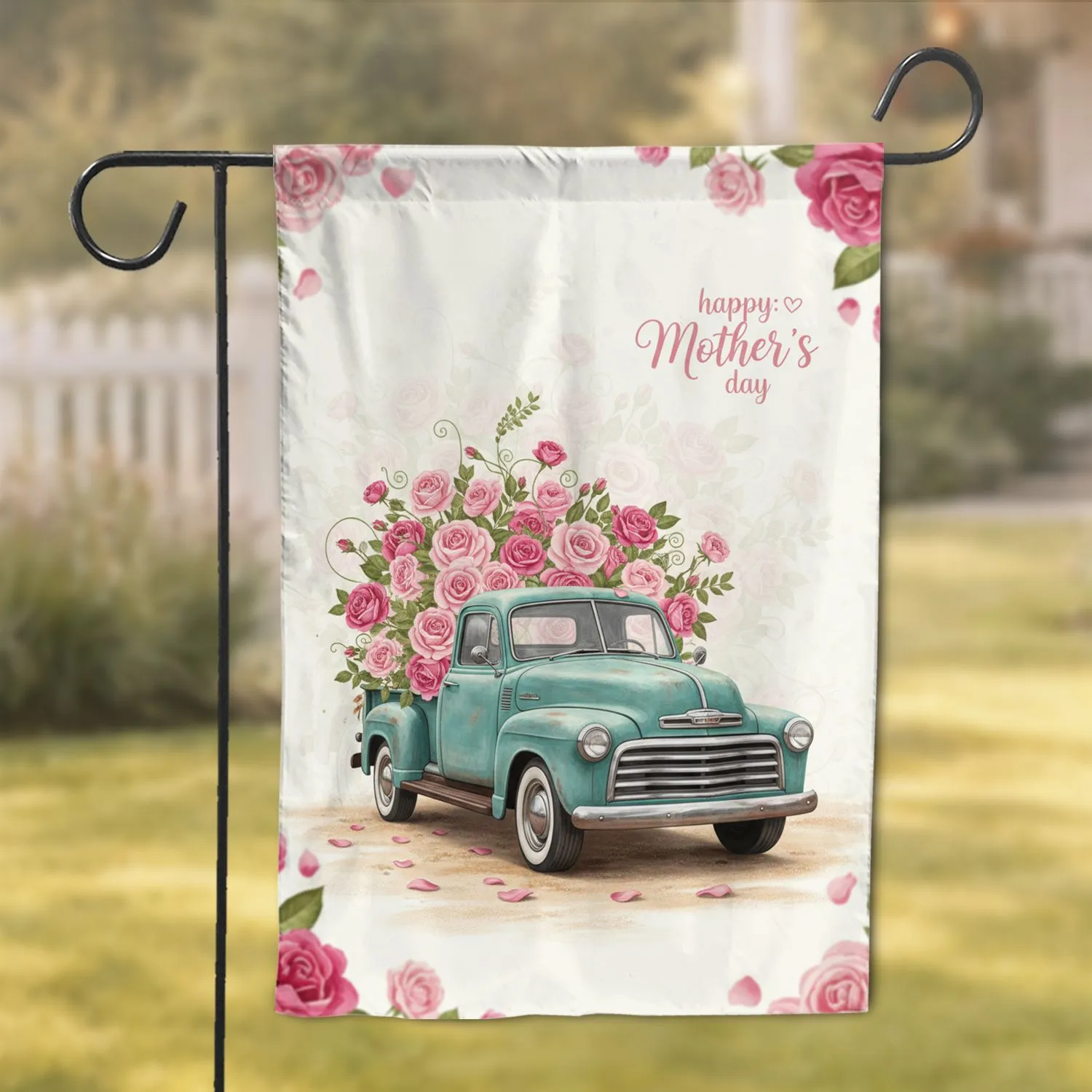 Teal Vintage Pickup Truck Pink Roses - Happy Mother's Day Gift for Mom Garden Flag - 1