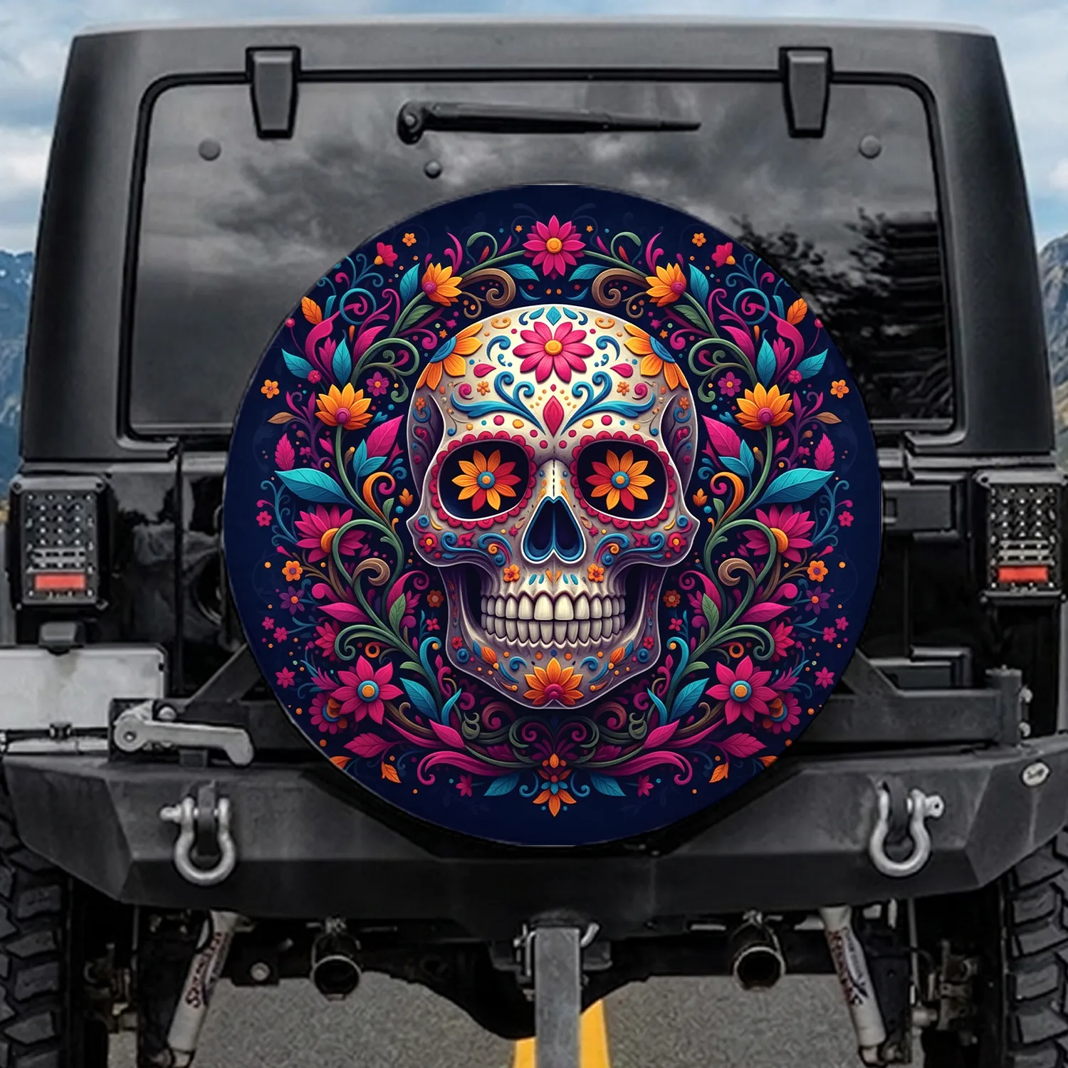 Sugar Skull Calavera Floral Vines - Day of the Dead Outdoor Car Accessory Gift Spare Tire Cover - 1