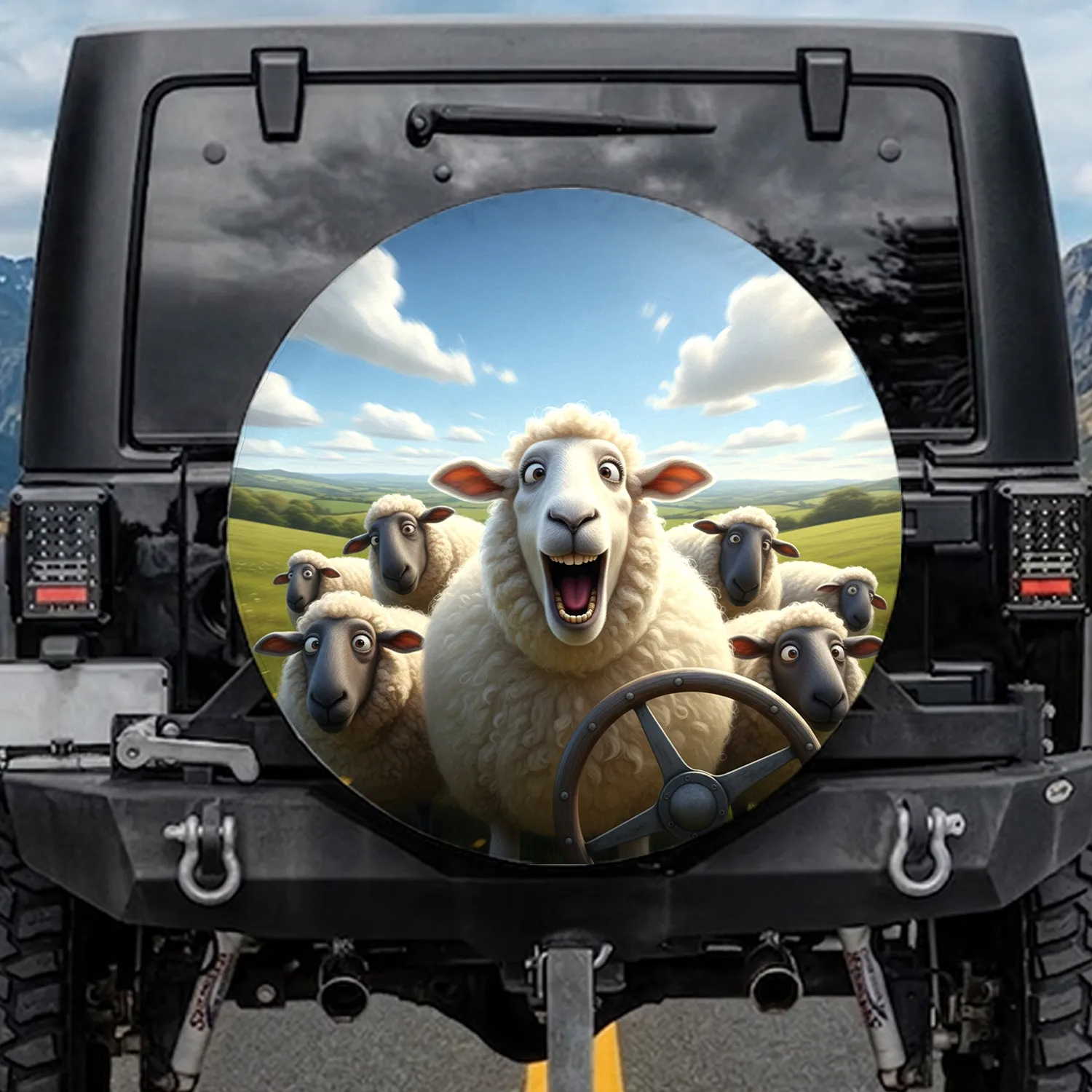 Comical Expressive Sheep Rolling Hills Sunlit Sky Clouds - Animal Lover Journey Gift Spare Tire Cover - 1