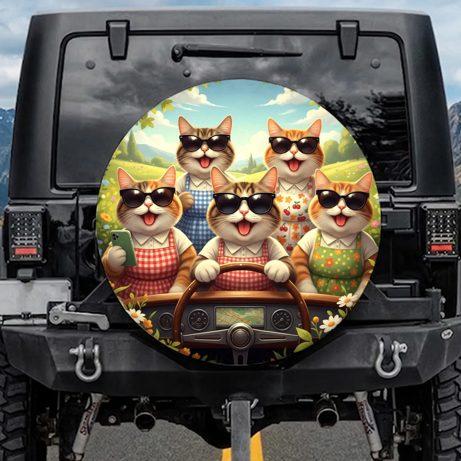 Five Sunglass Cats Driving Car - Road Trip Adventure Cat Lover Gift Spare Tire Cover - 1