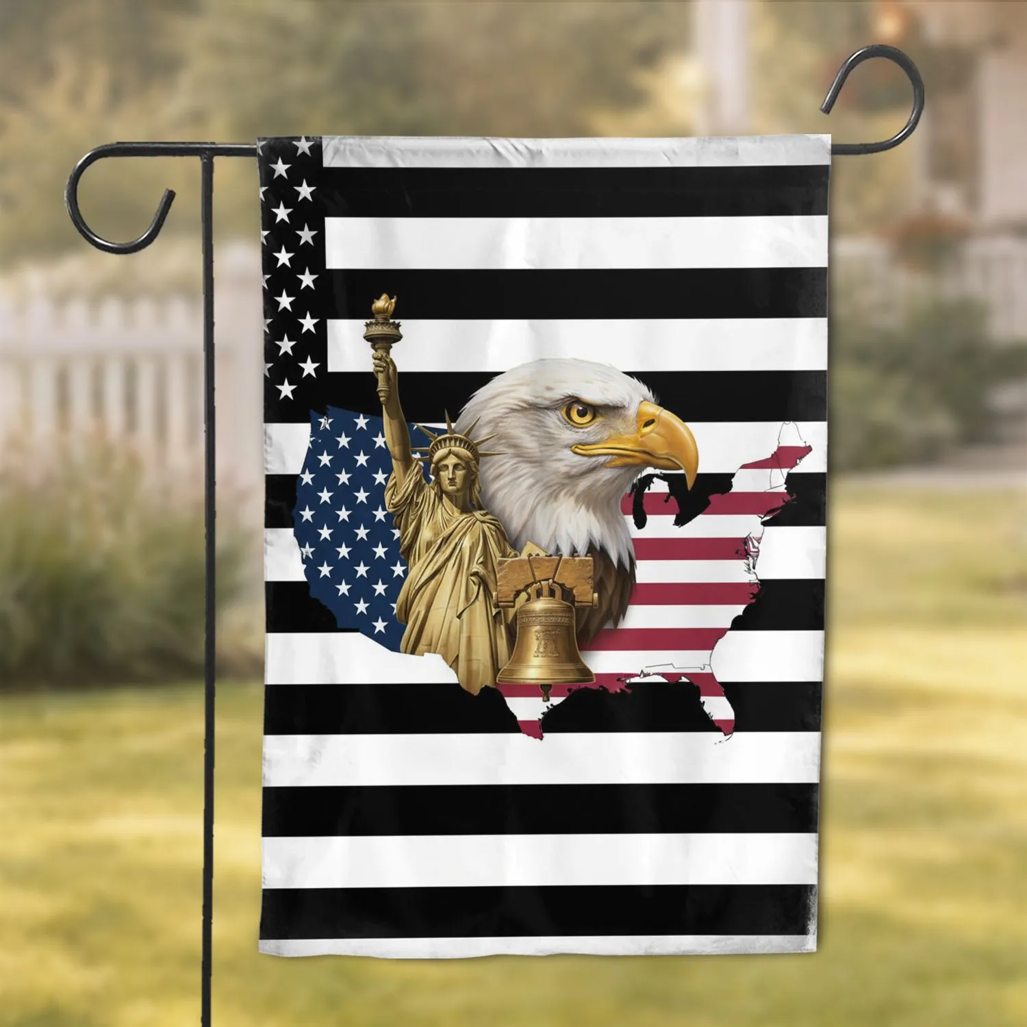 Golden Bald Eagle Statue of Liberty Liberty Bell US Map - Independence Day Gift Garden Flag - 1