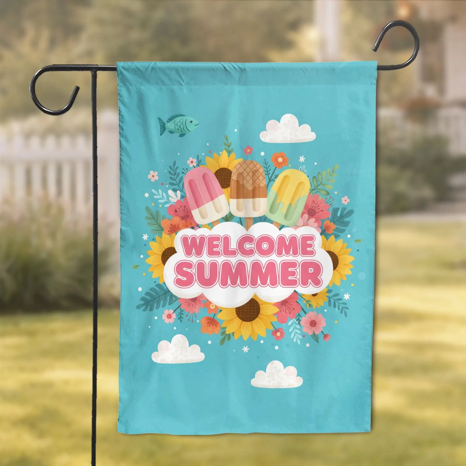Welcome Summer Popsicles Sunflowers Fish - Summer Home Decor Gift Garden Flag - 1