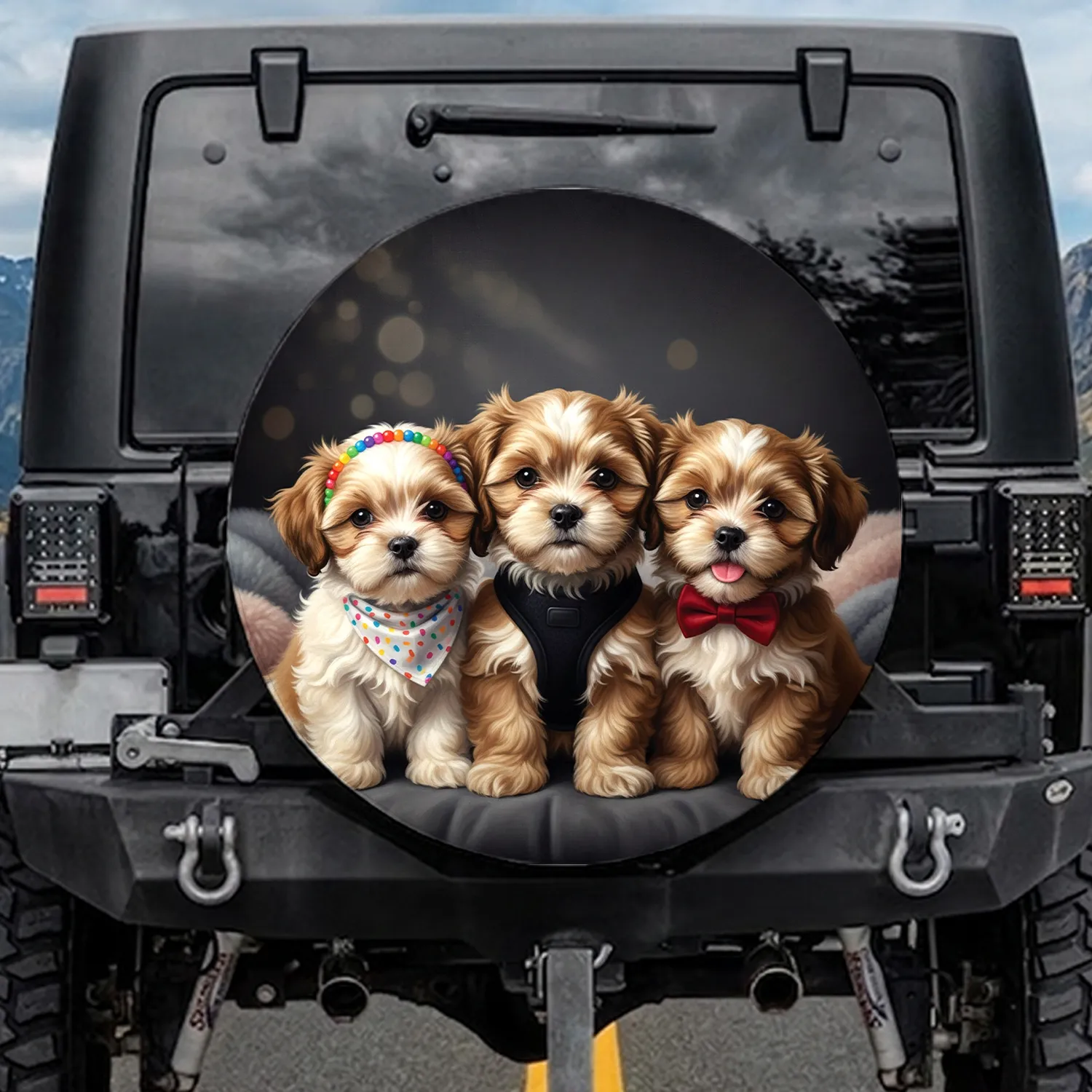 Fluffy Shih Tzu Puppies Rainbow Headband Bow Tie - Dog Lover Home Decor Gift Spare Tire Cover - 1