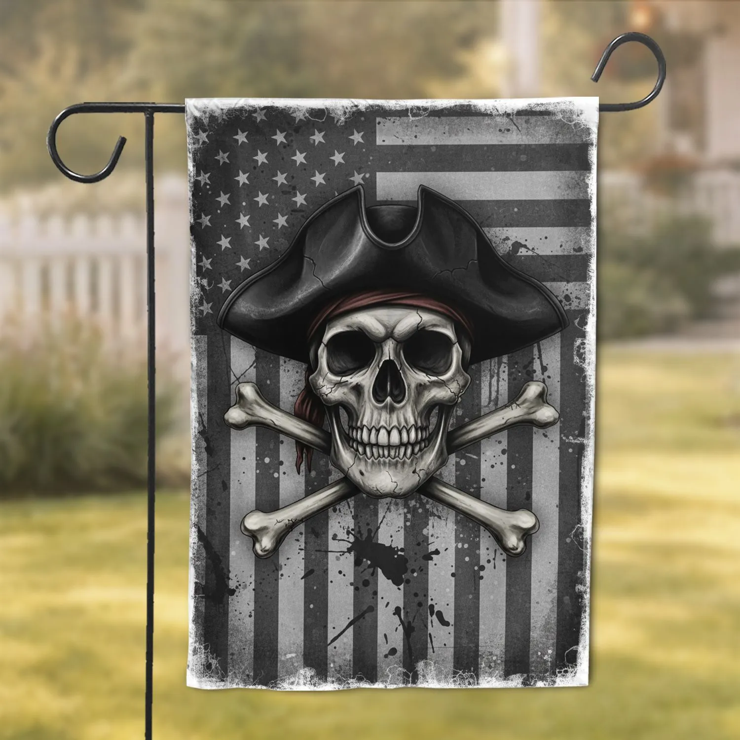 Realistic Pirate Skull Tricorn Hat Crossed Bones Distressed American Flag Home Decor Garden Flag - 1