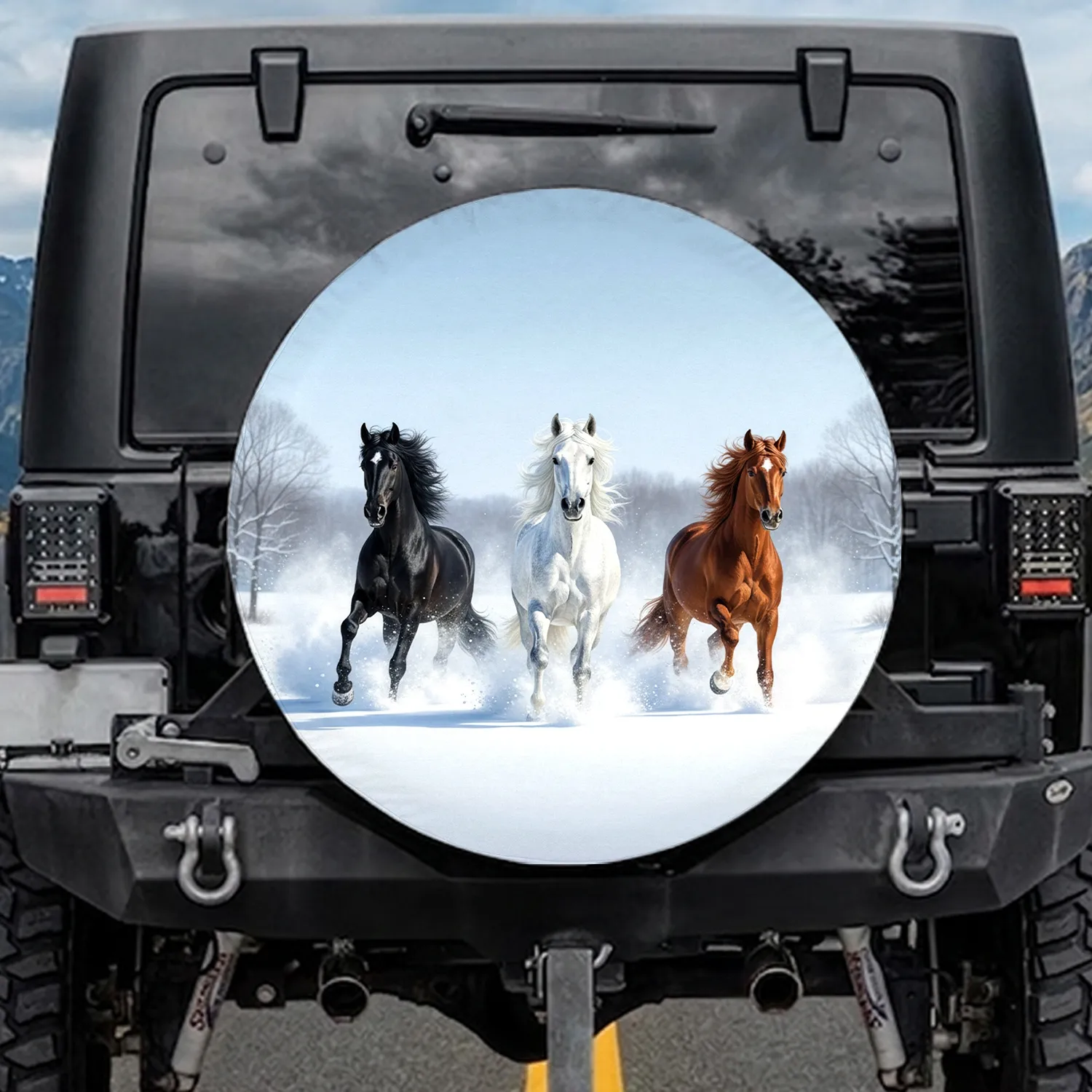 Three Galloping Horses Snow Landscape - Equestrian Winter Wildlife Lover Gift Spare Tire Cover - 1