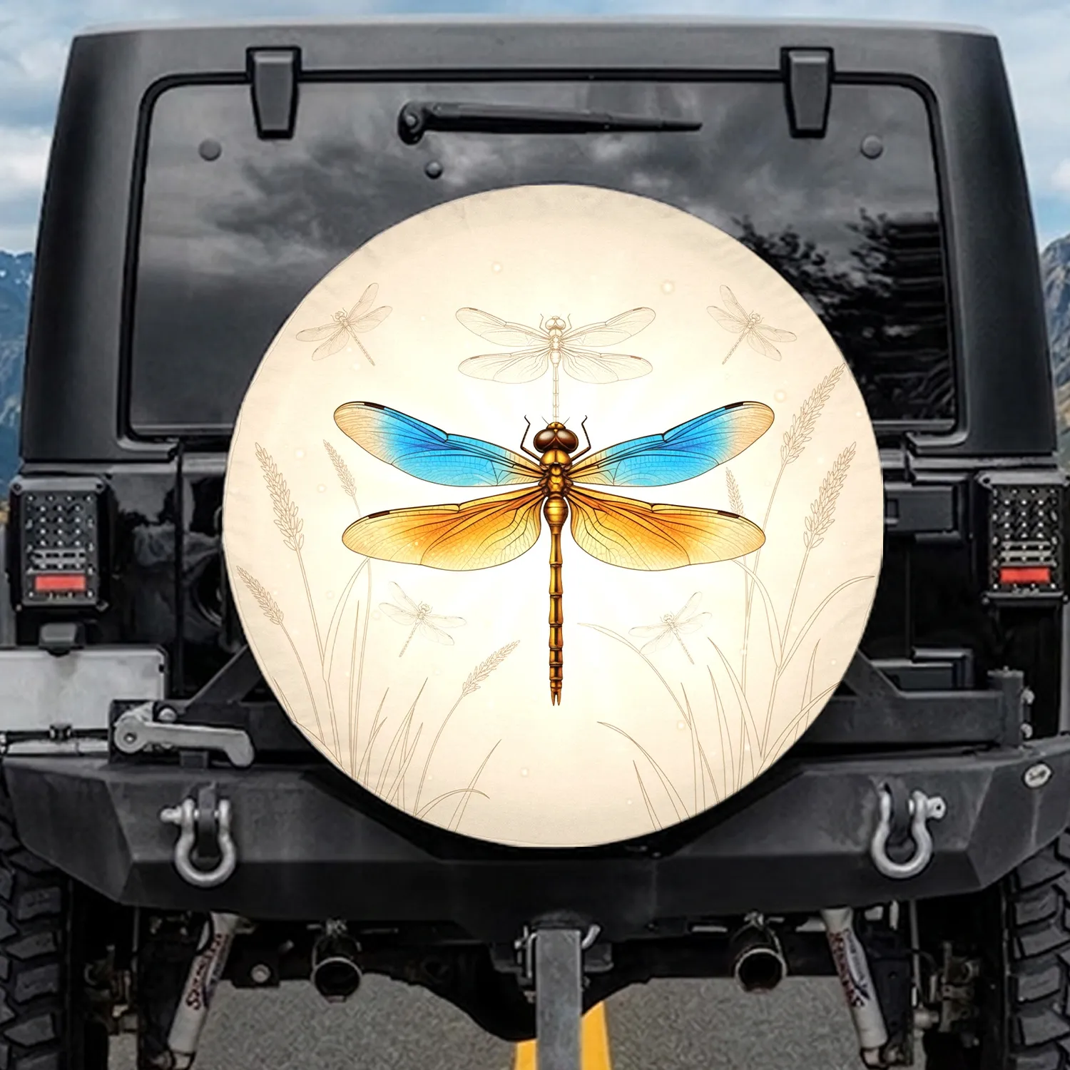 Large Iridescent Blue Golden Orange Dragonfly Wetland Reeds Field - Wildlife Lover Gift Spare Tire Cover - 1