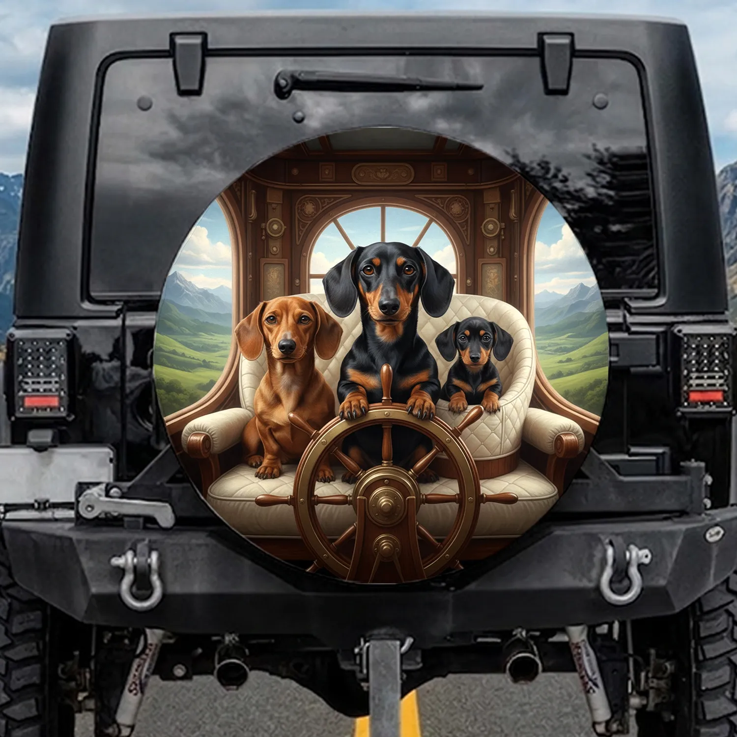 Dachshunds Navigational Wheel Travel Cabin Landscape - Travel Essentials for Dog Lovers Spare Tire Cover - 1