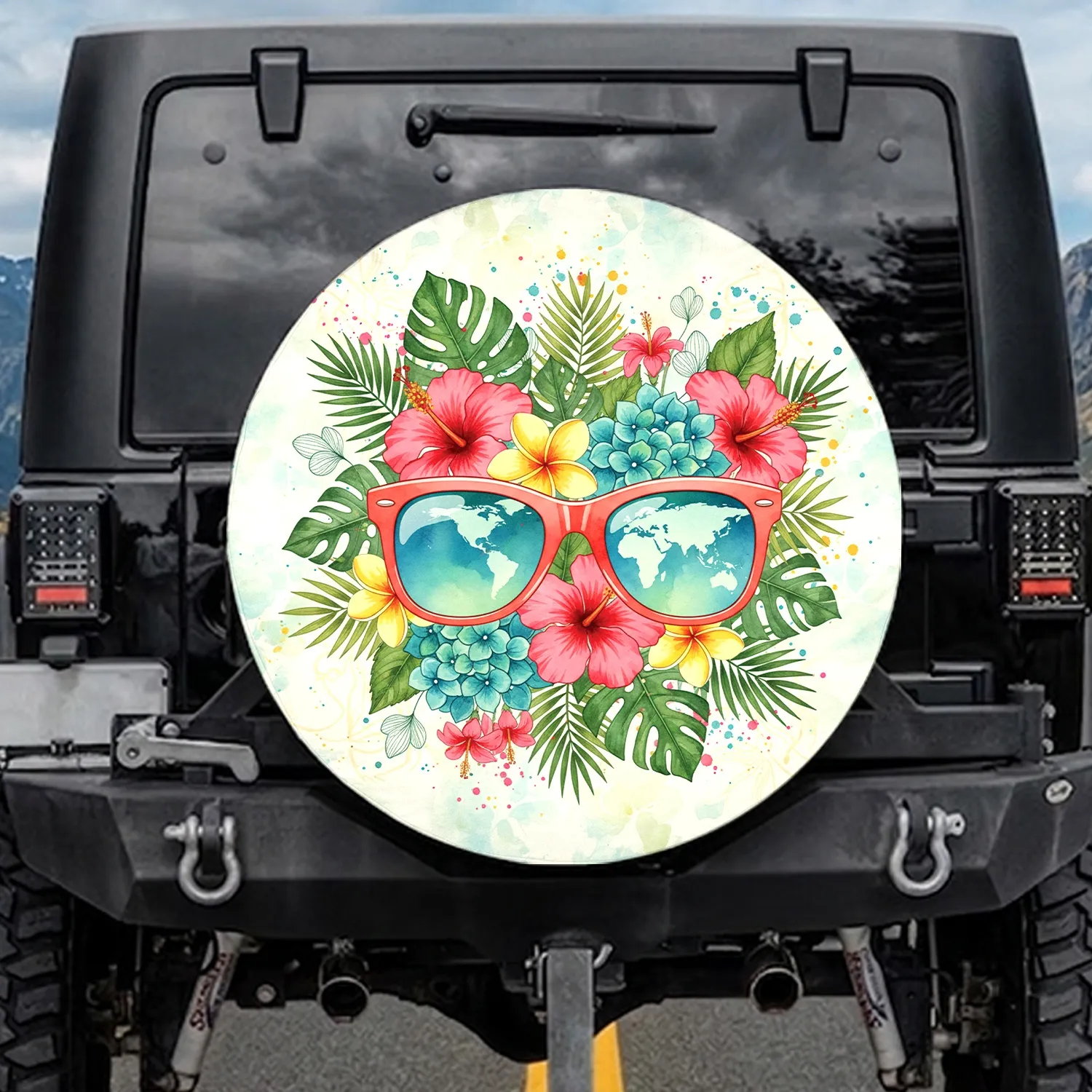 Framed Sunglasses Tropical Floral World Map - Road Trip Essential Accessory Spare Tire Cover - 1